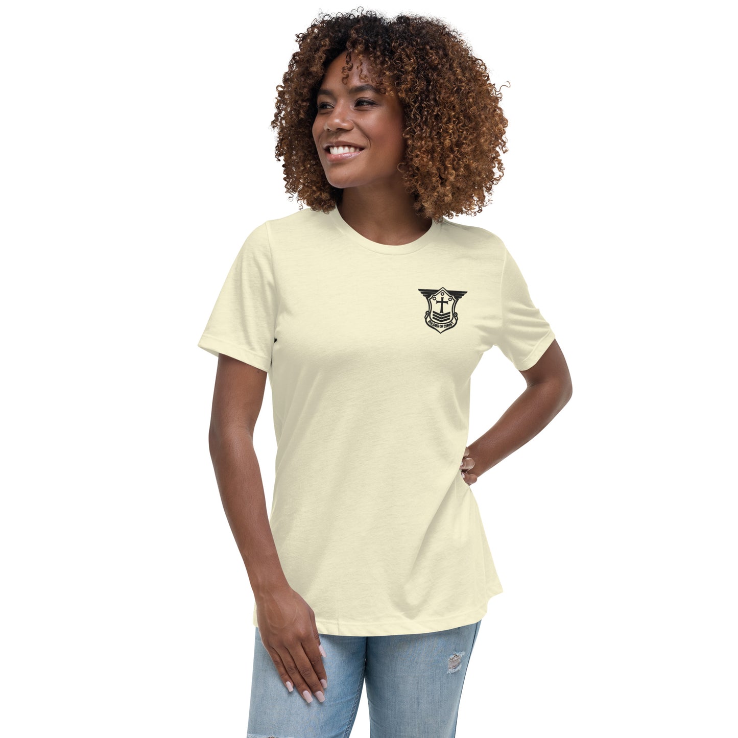 Women's Relaxed T-Shirt with Black Embroidered Soldier of Christ Emblem