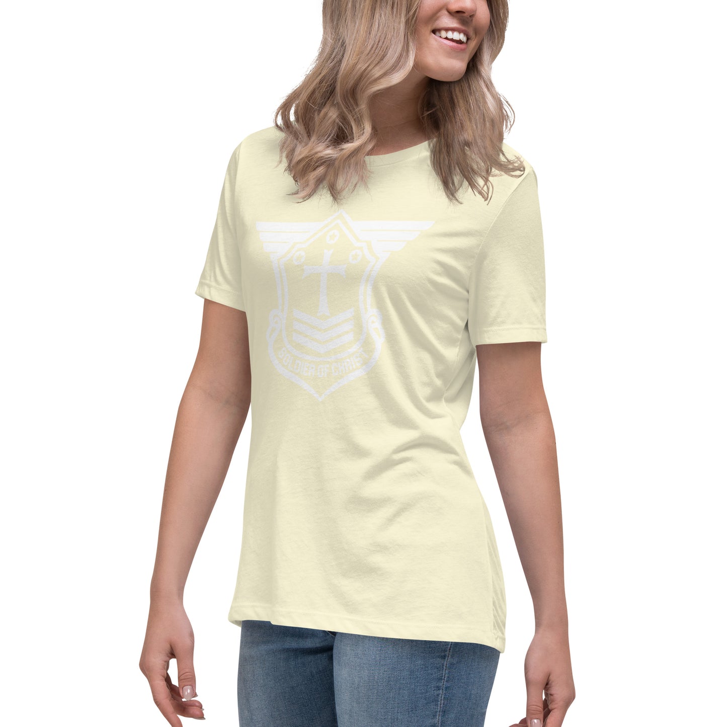 Women's Relaxed T-Shirt with White Soldier of Christ Emblem Front