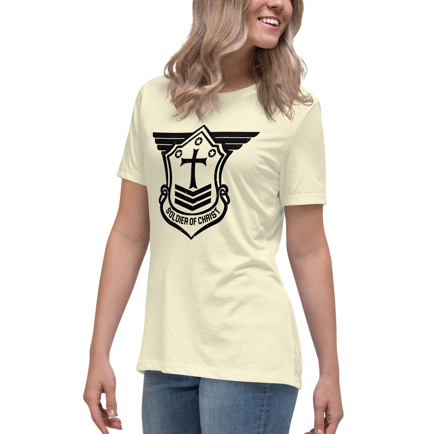 Women's Relaxed T-Shirt with Black Soldier of Christ Emblem Front