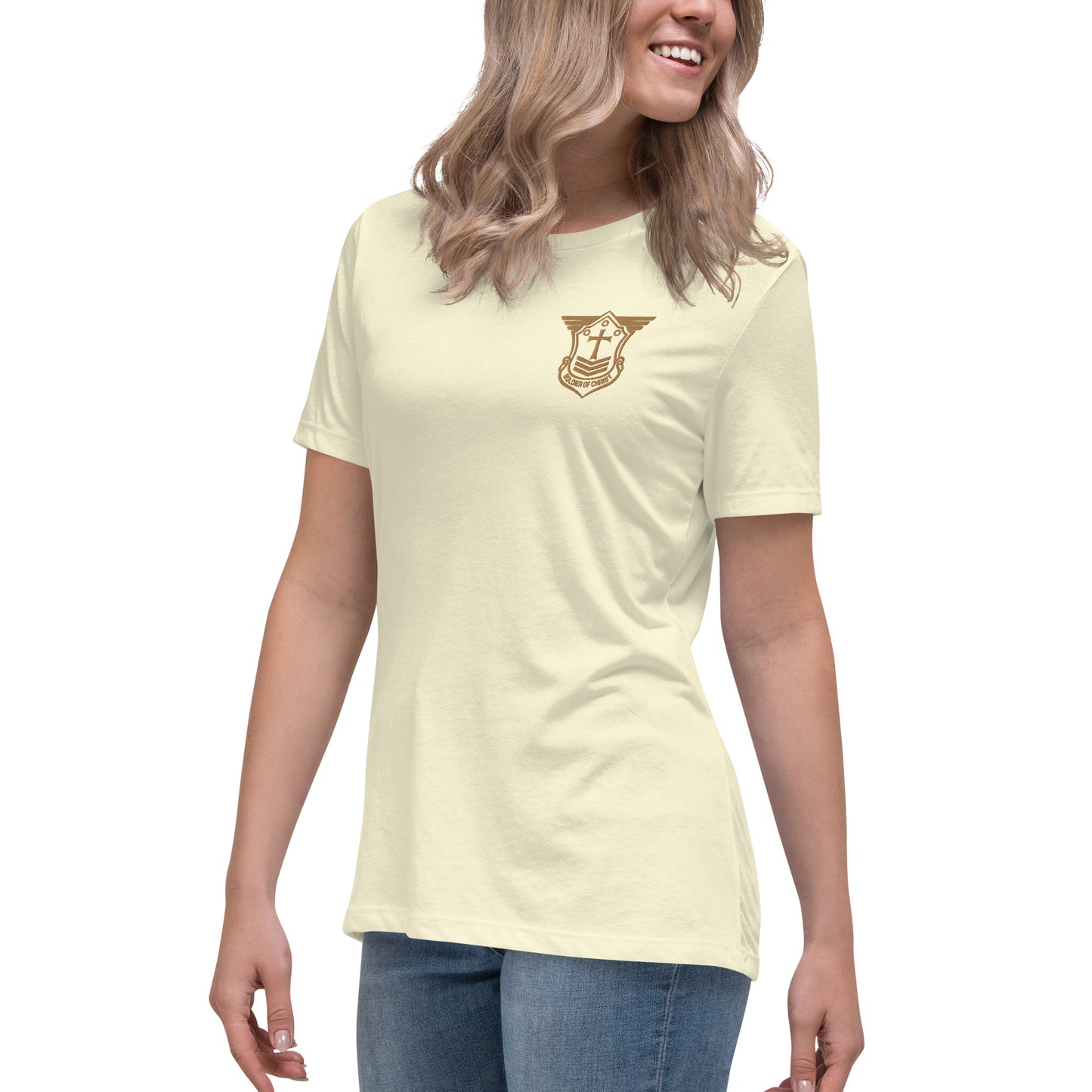 Women's Relaxed T-Shirt with Old Gold Embroidered Soldier of Christ Emblem