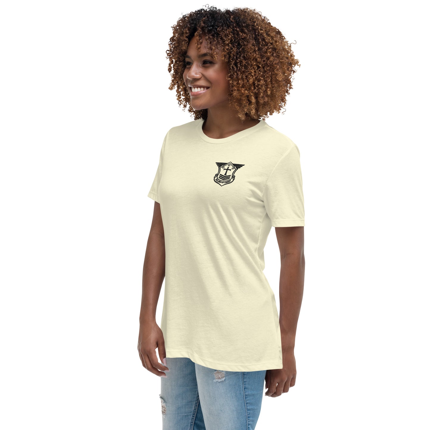 Women's Relaxed T-Shirt with Black Embroidered Soldier of Christ Emblem