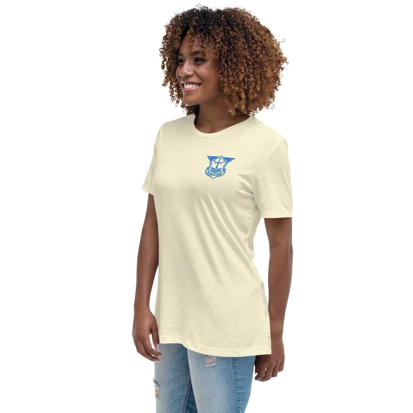 Women's Relaxed T-Shirt with Aqua Teal Embroidered Soldier of Christ Emblem