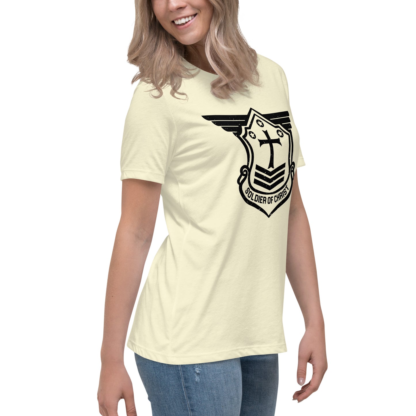 Women's Relaxed T-Shirt with Black Soldier of Christ Emblem Front