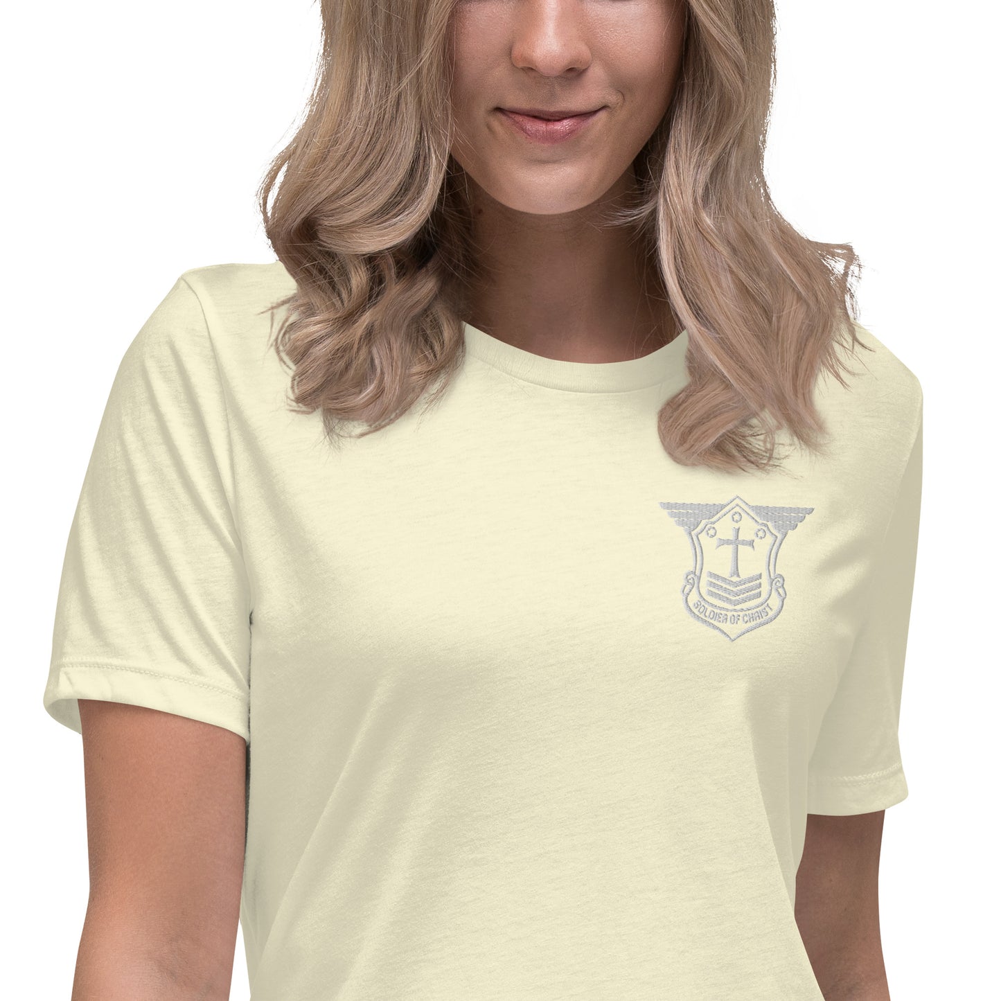 Women's Relaxed T-Shirt with White Embroidered Soldier of Christ Emblem