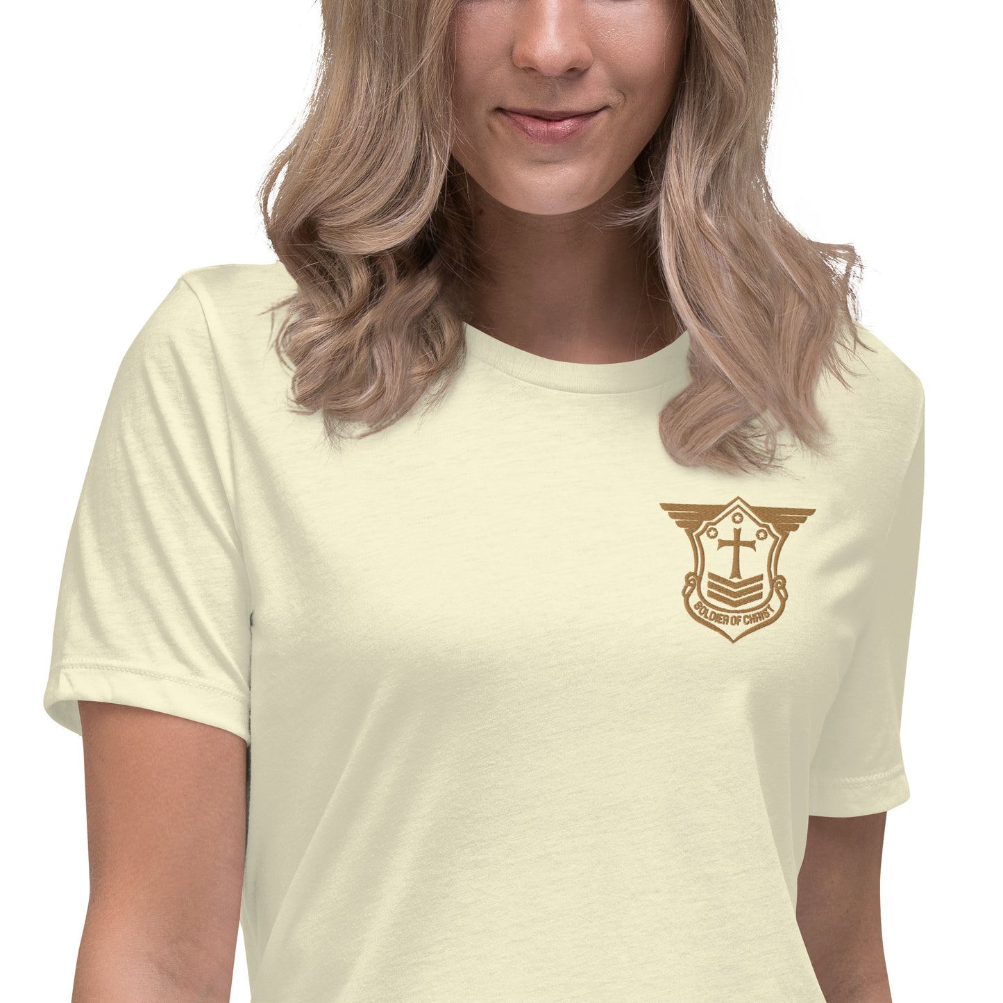 Women's Relaxed T-Shirt with Old Gold Embroidered Soldier of Christ Emblem