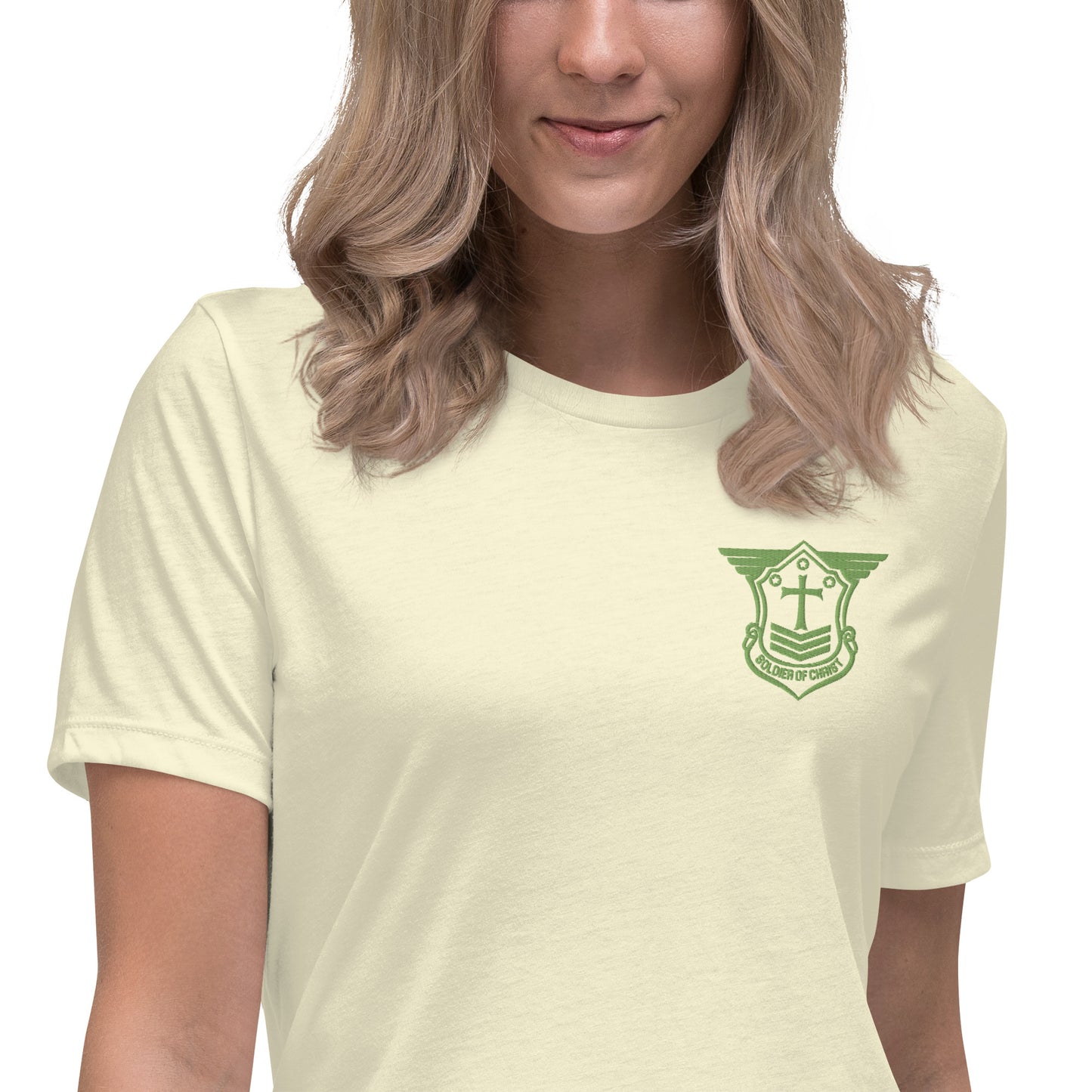 Women's Relaxed T-Shirt with Kiwi Green Embroidered Soldier of Christ Emblem