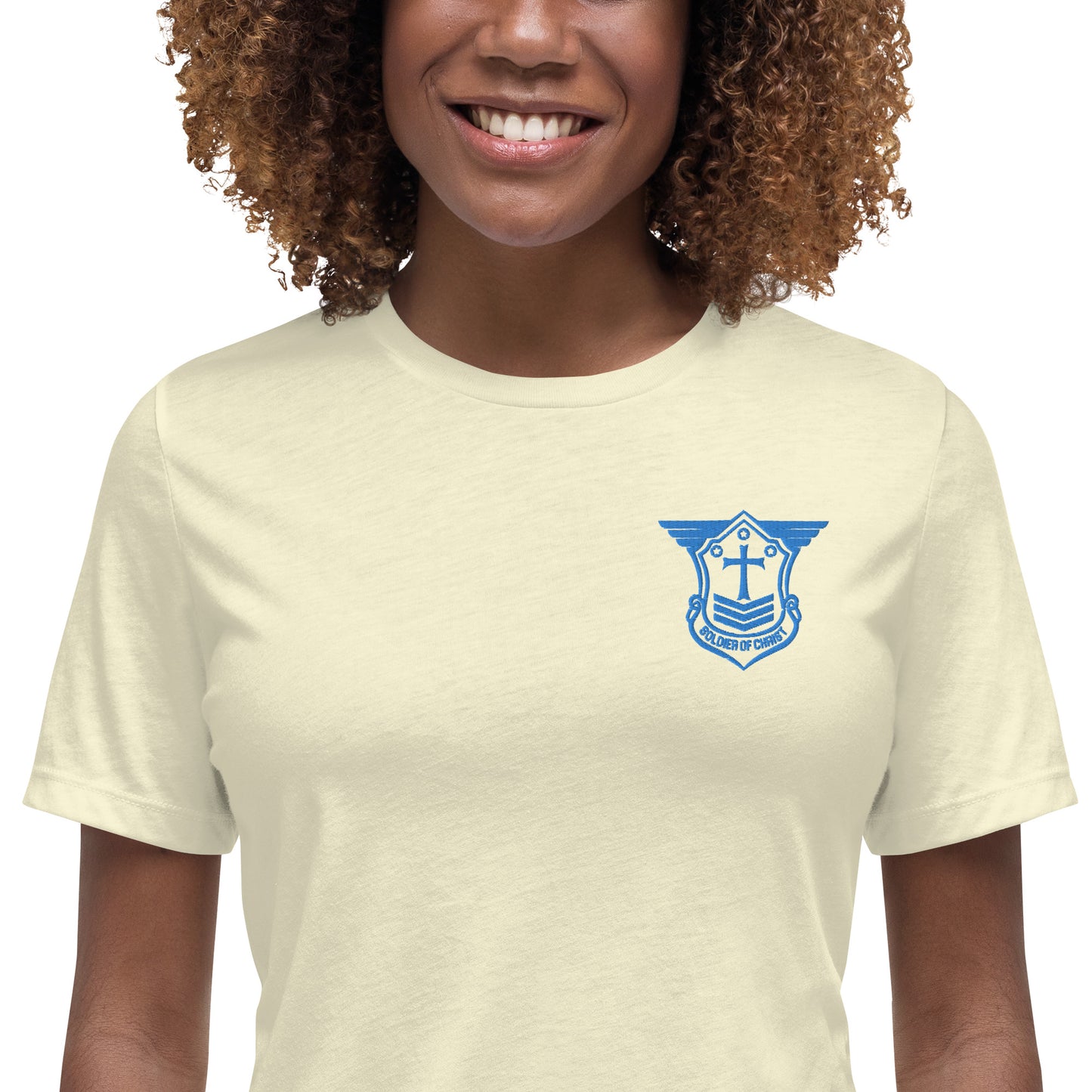 Women's Relaxed T-Shirt with Aqua Teal Embroidered Soldier of Christ Emblem