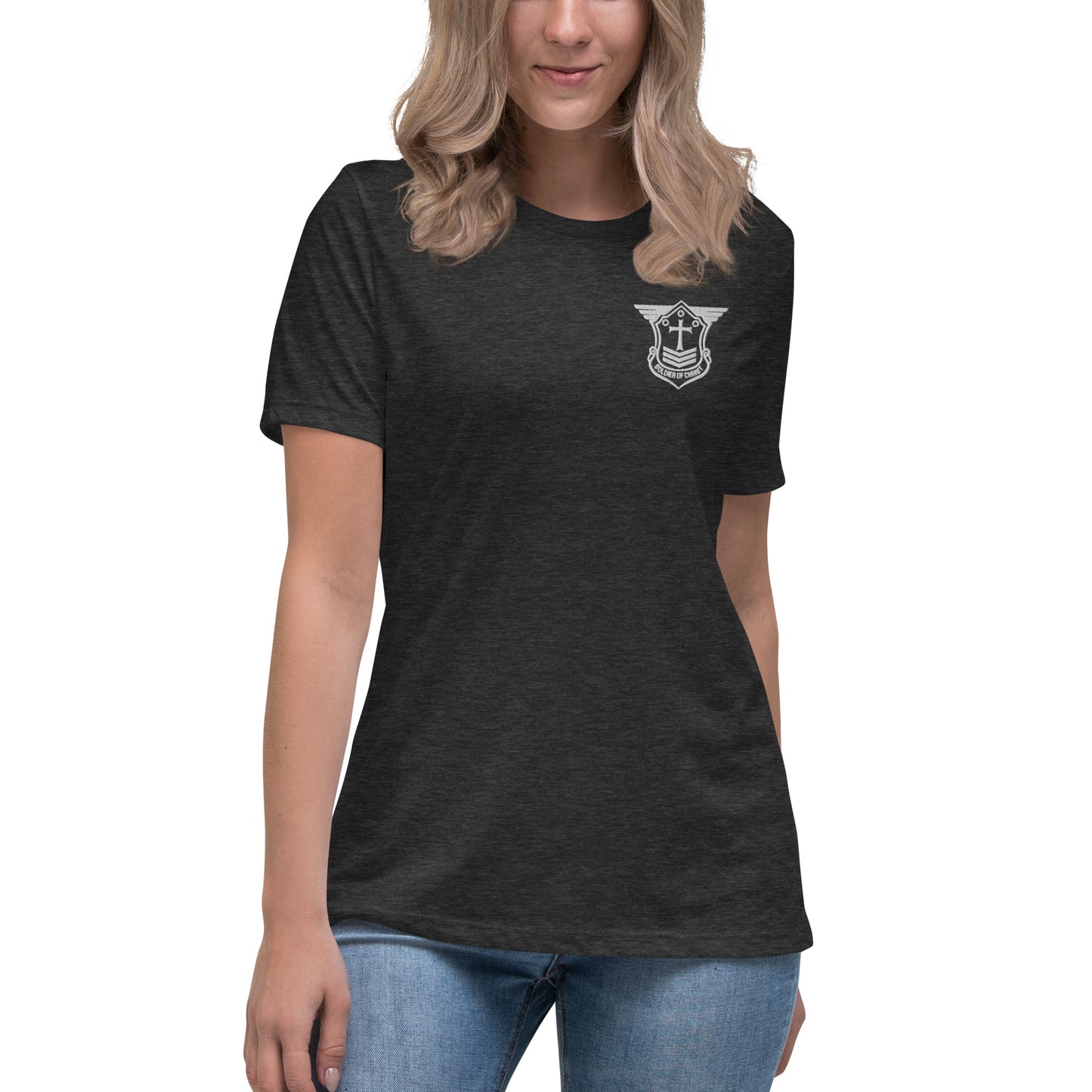 Women's Relaxed T-Shirt with White Embroidered Soldier of Christ Emblem