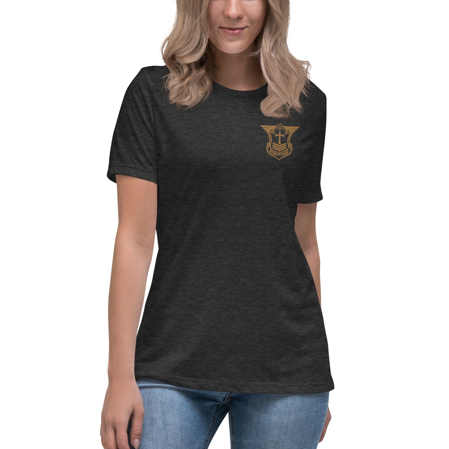 Women's Relaxed T-Shirt with Old Gold Embroidered Soldier of Christ Emblem