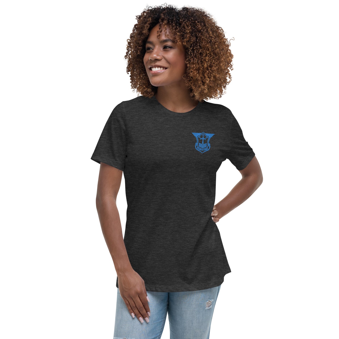 Women's Relaxed T-Shirt with Aqua Teal Embroidered Soldier of Christ Emblem