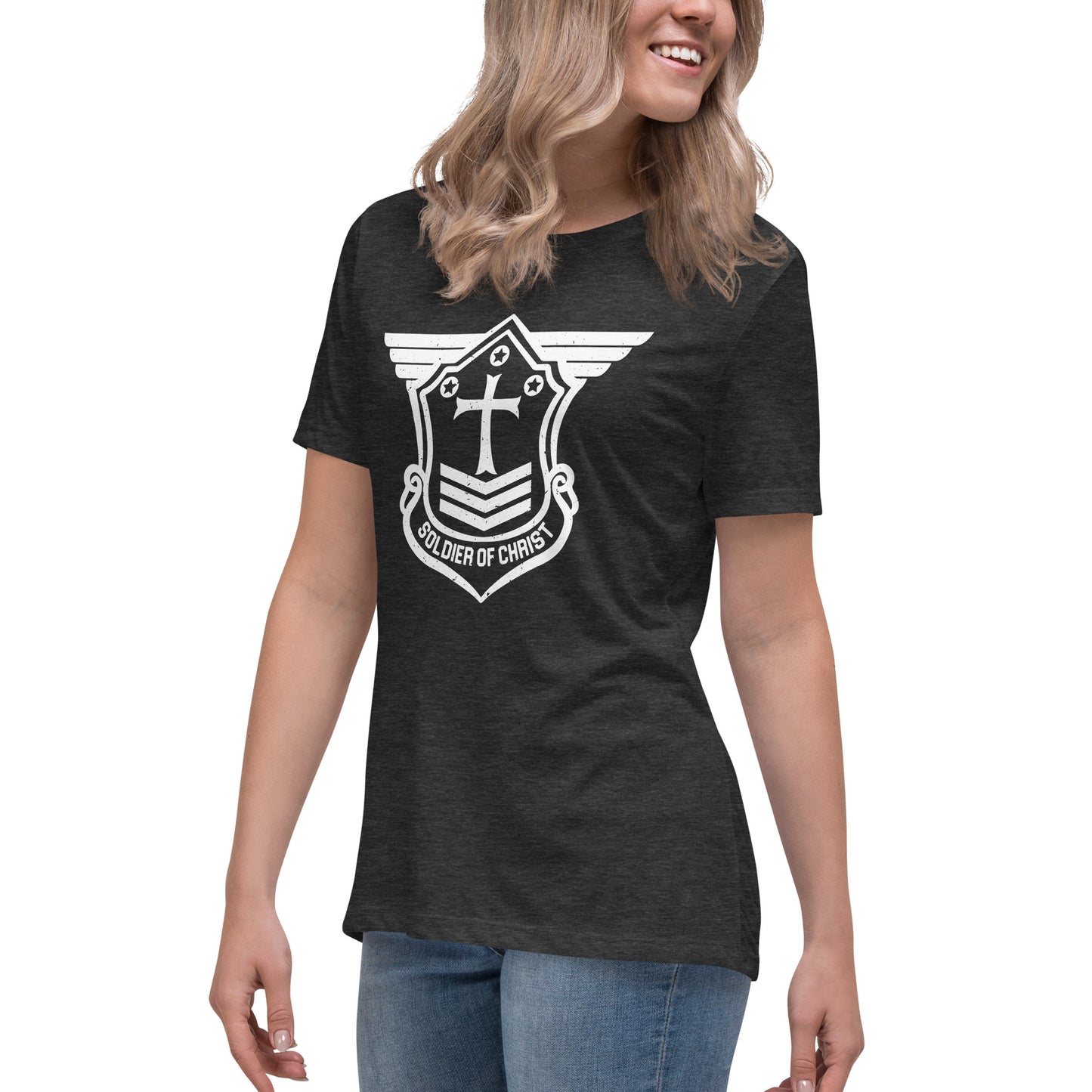 Women's Relaxed T-Shirt with White Soldier of Christ Emblem Front