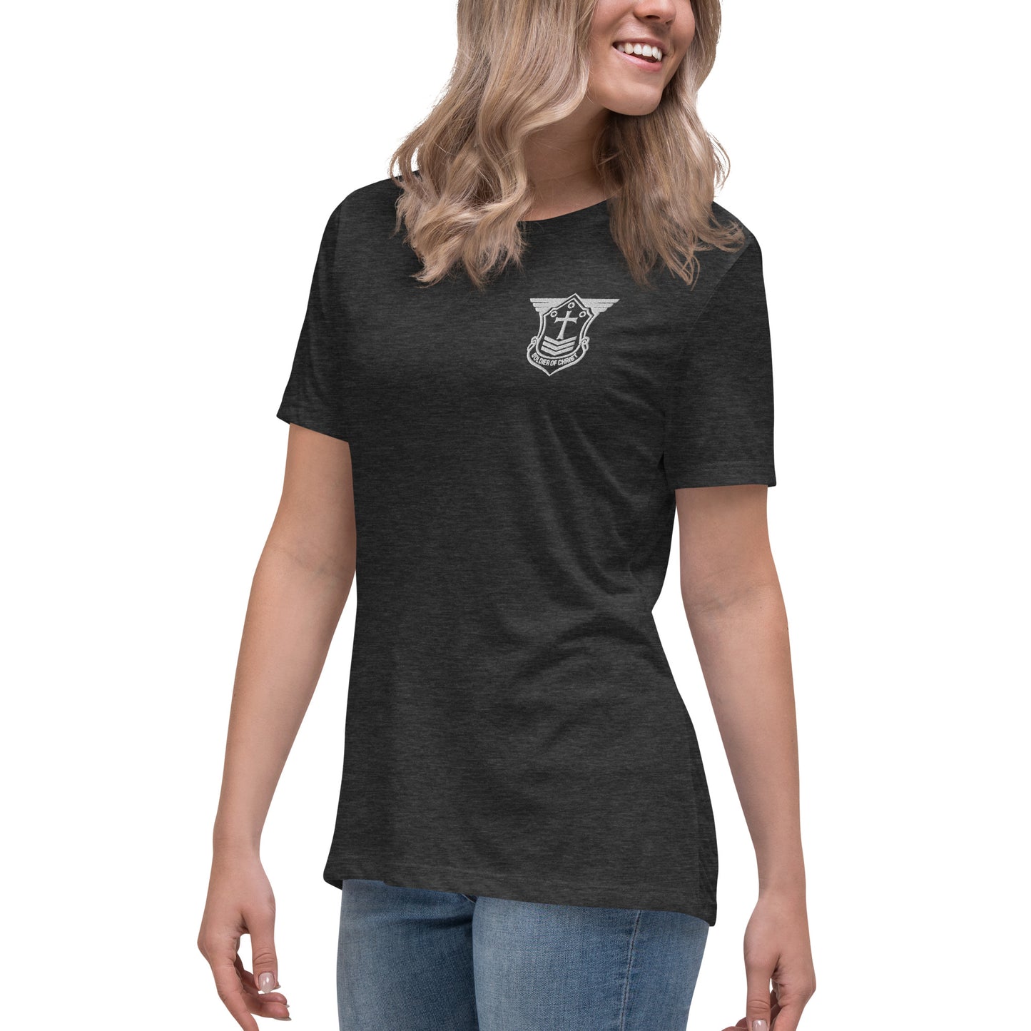 Women's Relaxed T-Shirt with White Embroidered Soldier of Christ Emblem