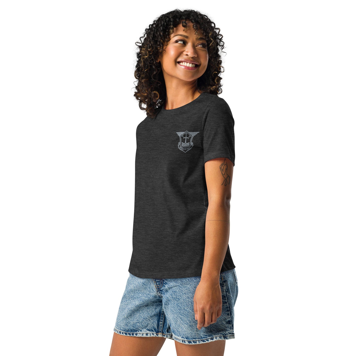 Women's Relaxed T-Shirt with Grey Embroidered Soldier of Christ Emblem