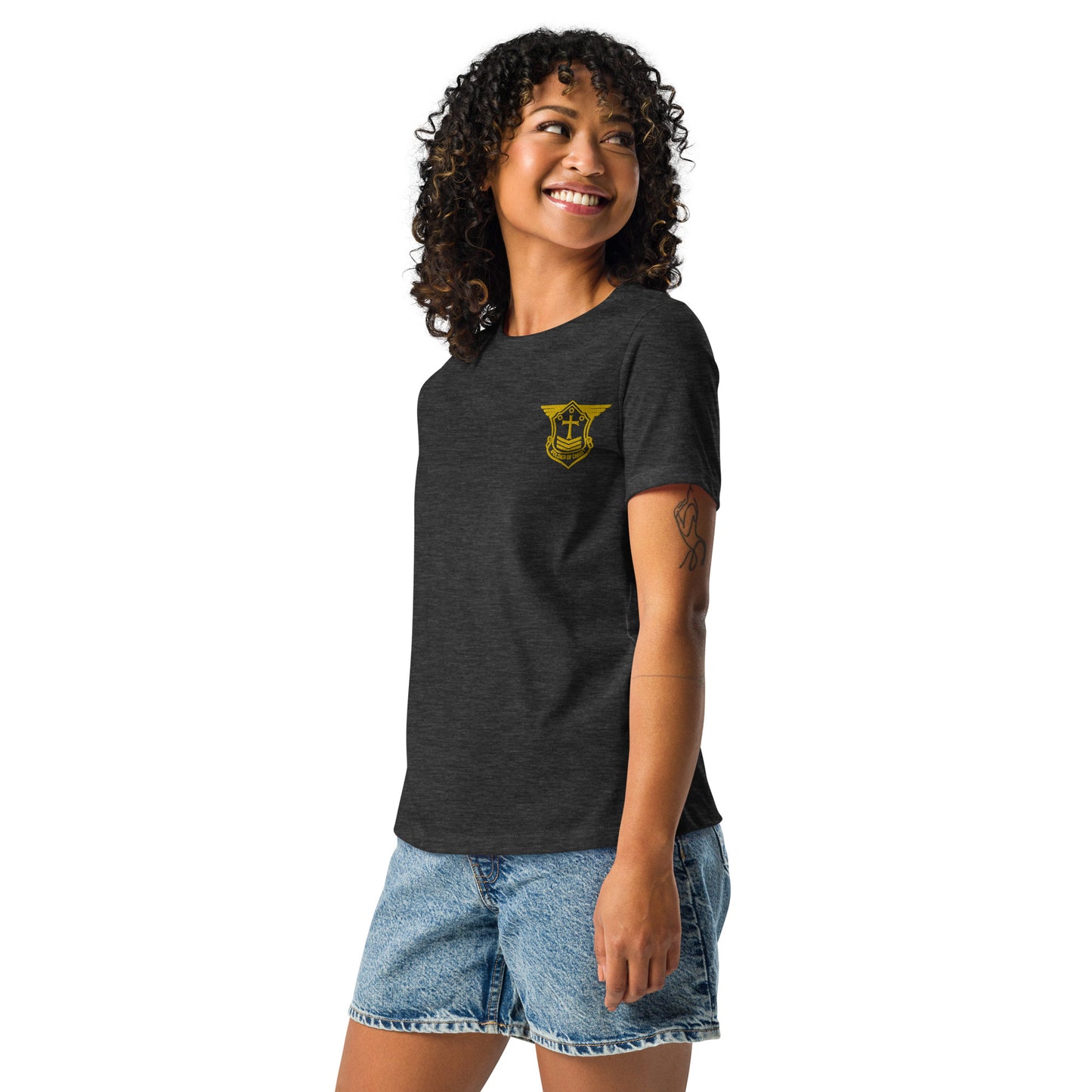 Women's Relaxed T-Shirt with Gold Embroidered Soldier of Christ Emblem