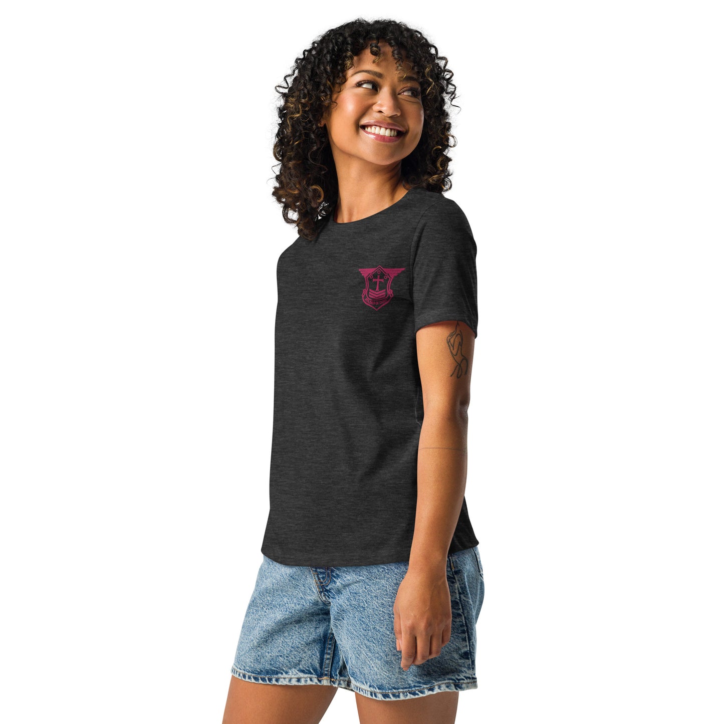 Women's Relaxed T-Shirt with Flamingo Embroidered Soldier of Christ Emblem