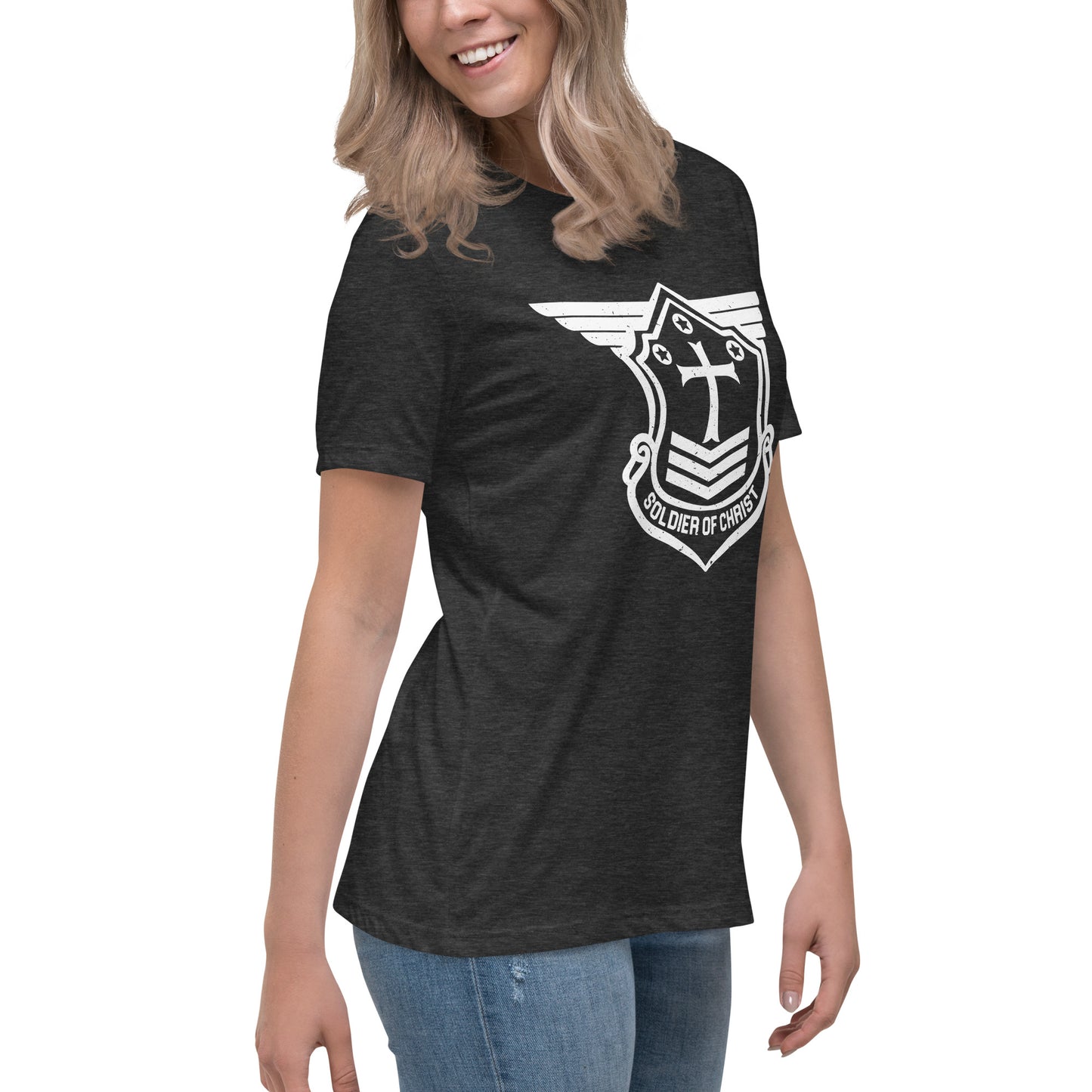 Women's Relaxed T-Shirt with White Soldier of Christ Emblem Front