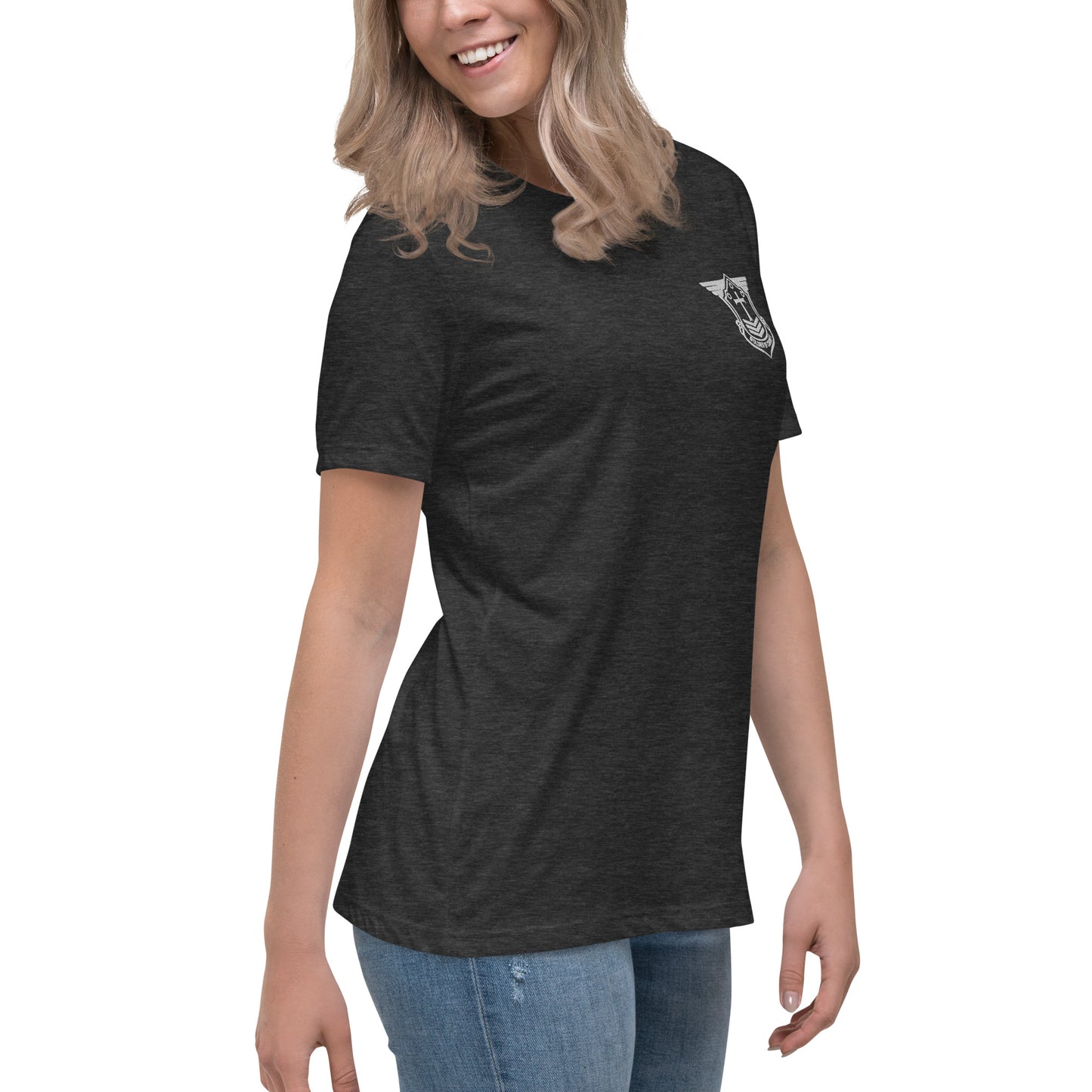 Women's Relaxed T-Shirt with White Embroidered Soldier of Christ Emblem