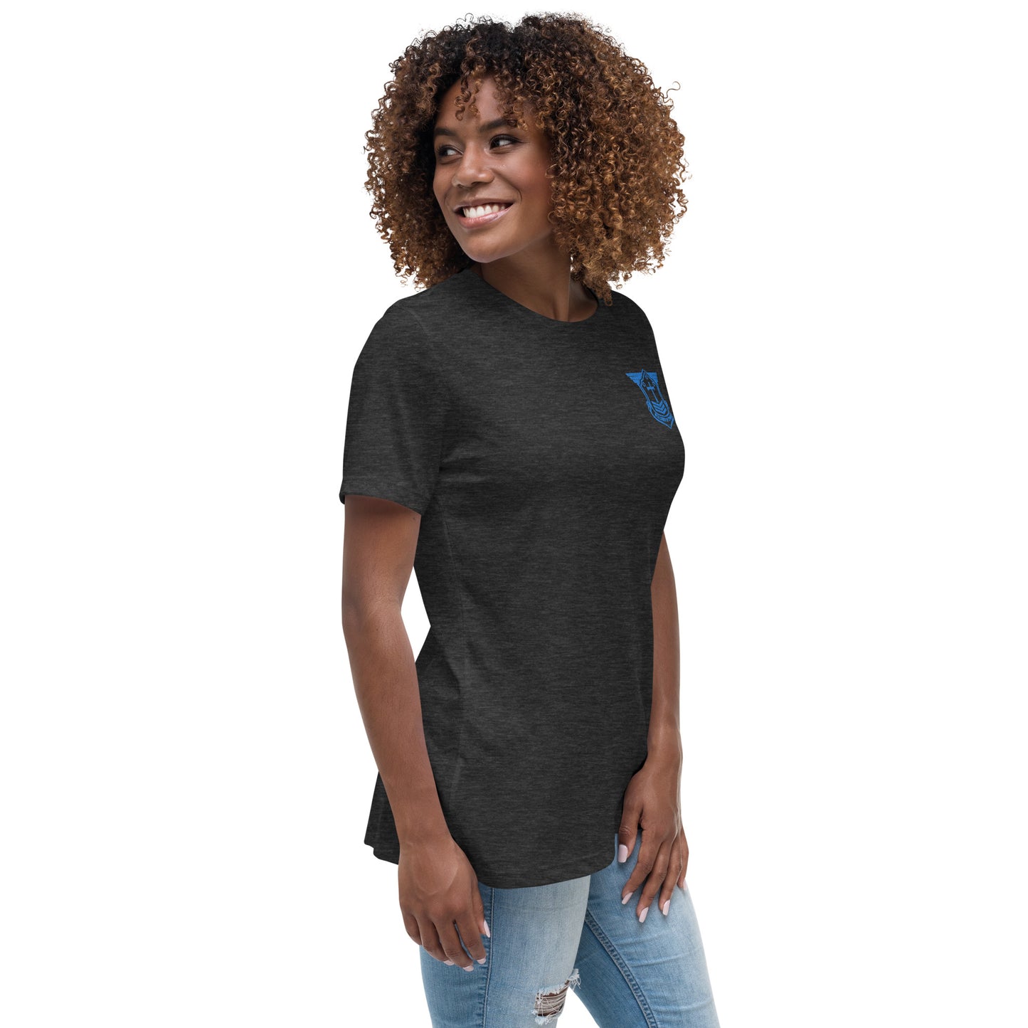 Women's Relaxed T-Shirt with Aqua Teal Embroidered Soldier of Christ Emblem