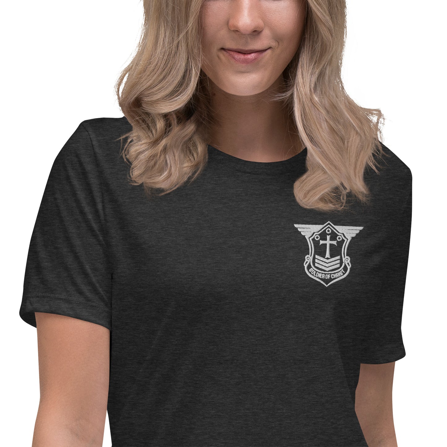 Women's Relaxed T-Shirt with White Embroidered Soldier of Christ Emblem