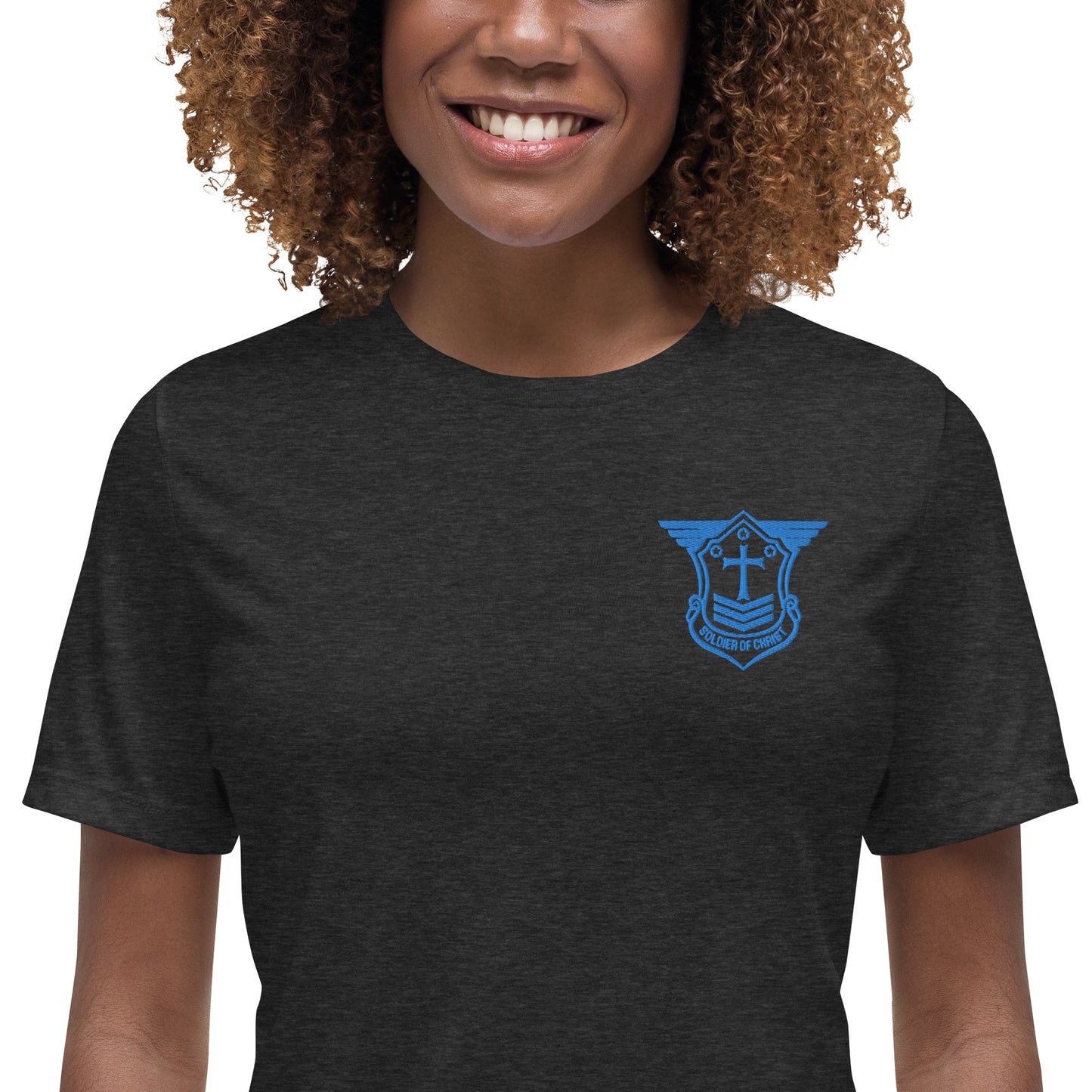 Women's Relaxed T-Shirt with Aqua Teal Embroidered Soldier of Christ Emblem