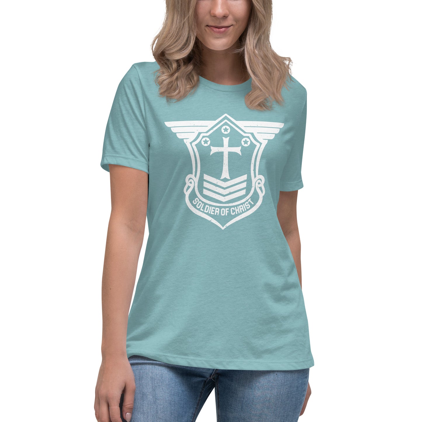 Women's Relaxed T-Shirt with White Soldier of Christ Emblem Front