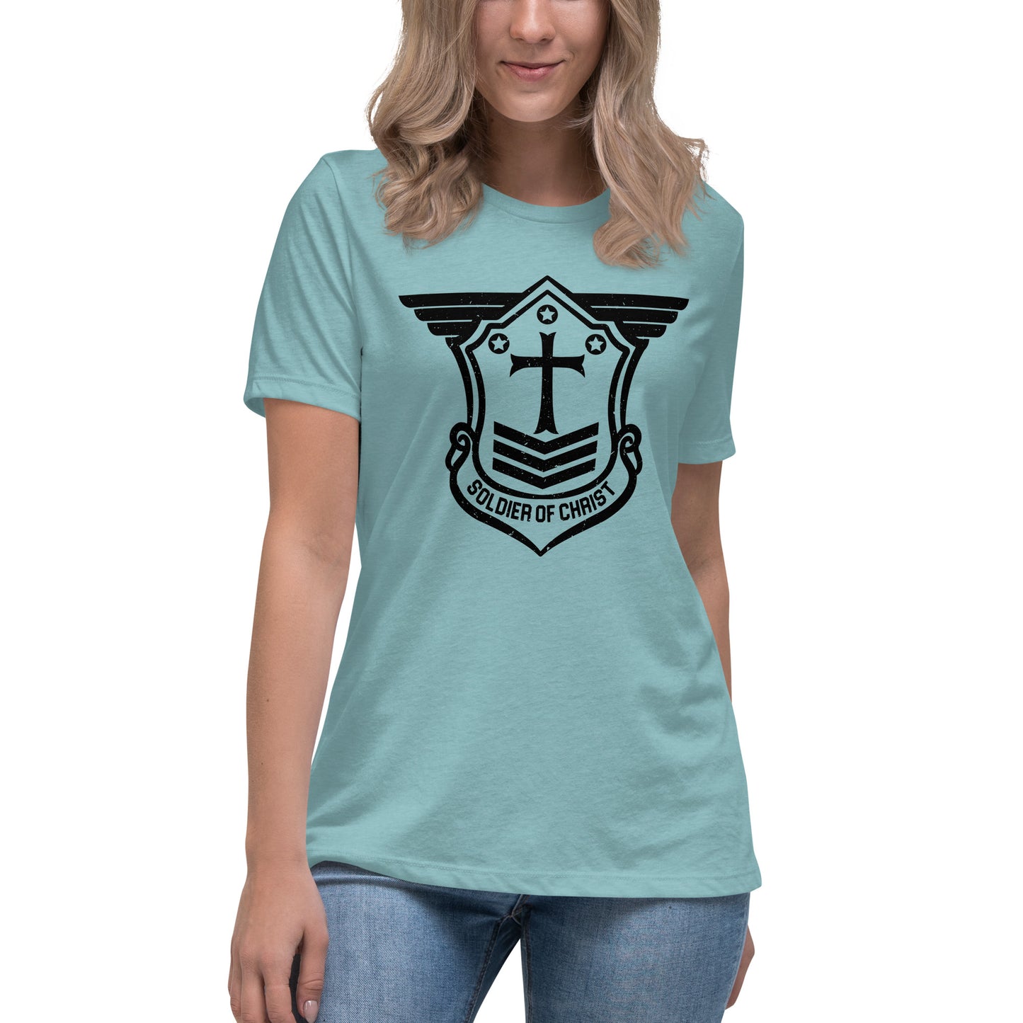 Women's Relaxed T-Shirt with Black Soldier of Christ Emblem Front