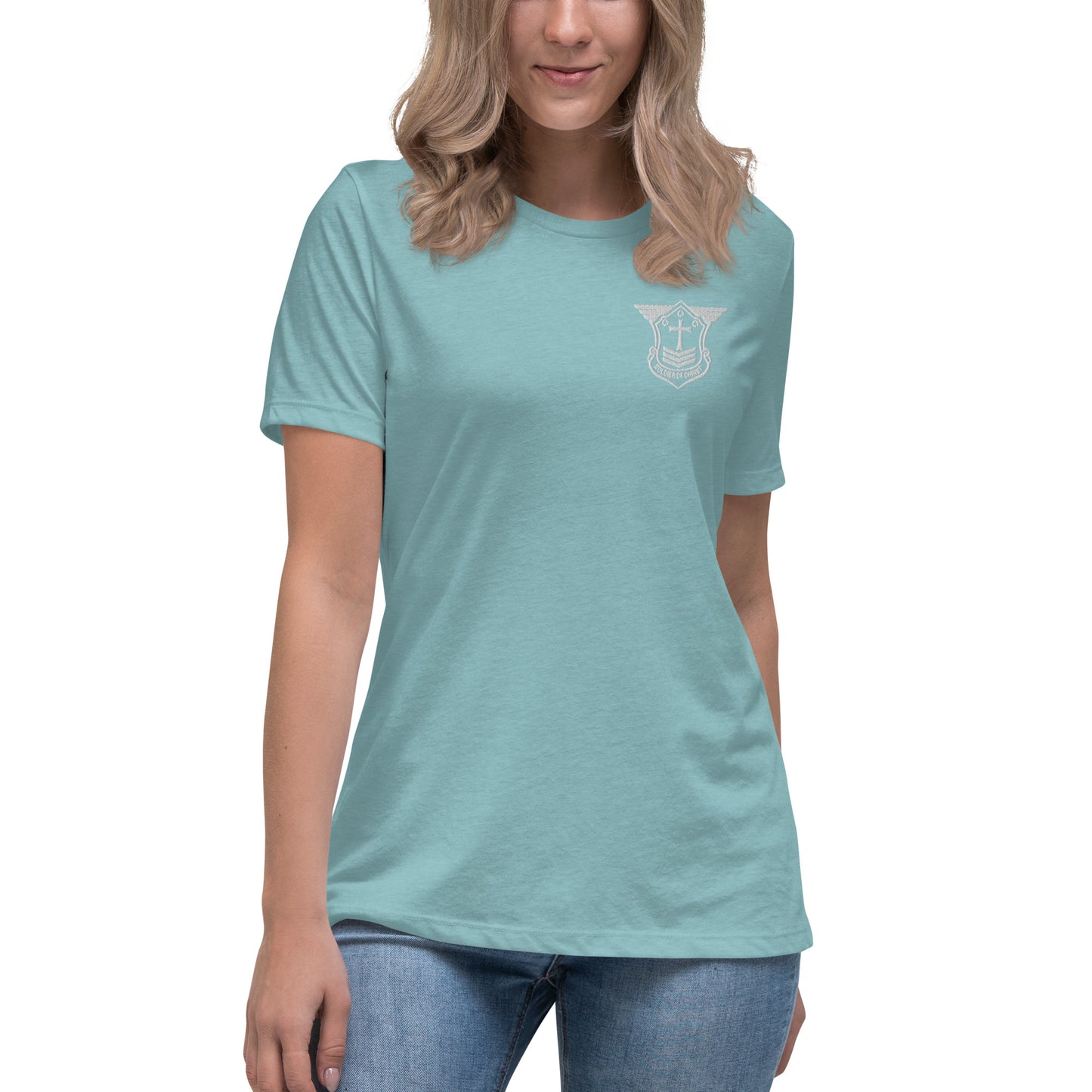 Women's Relaxed T-Shirt with White Embroidered Soldier of Christ Emblem