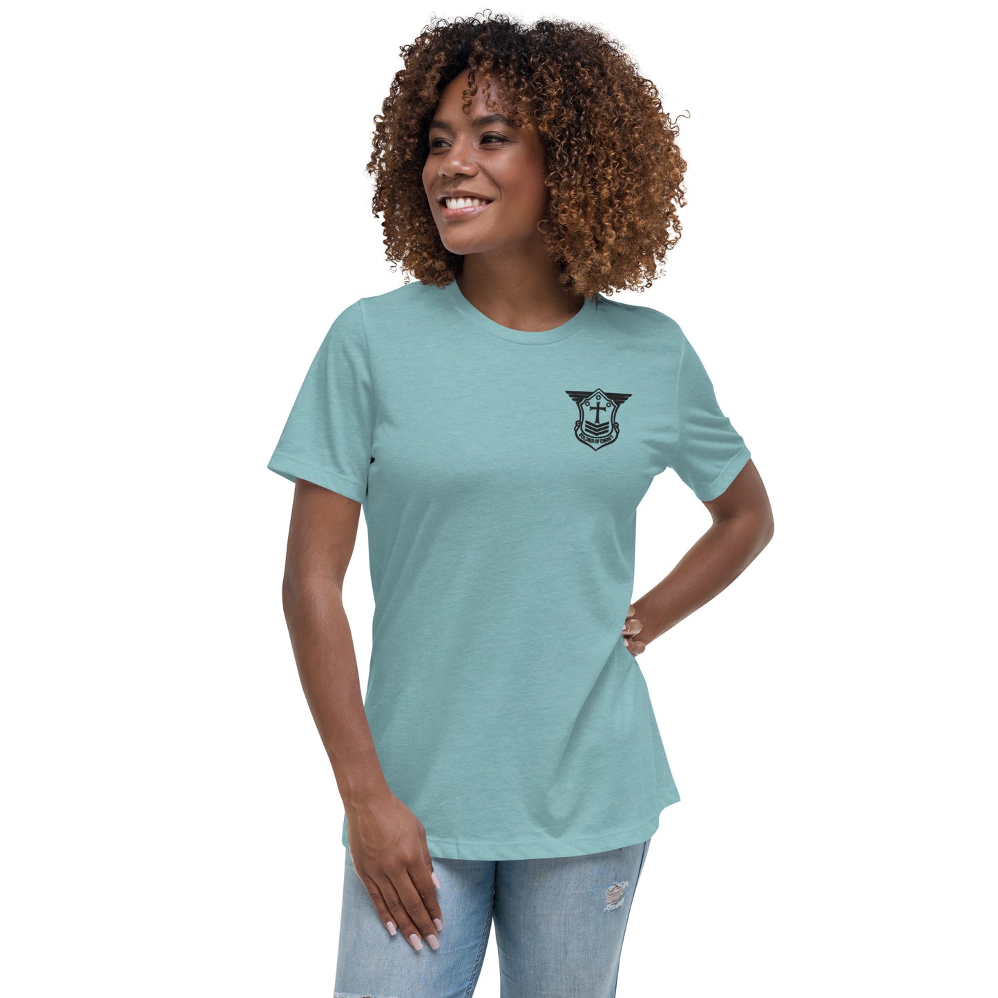 Women's Relaxed T-Shirt with Black Embroidered Soldier of Christ Emblem