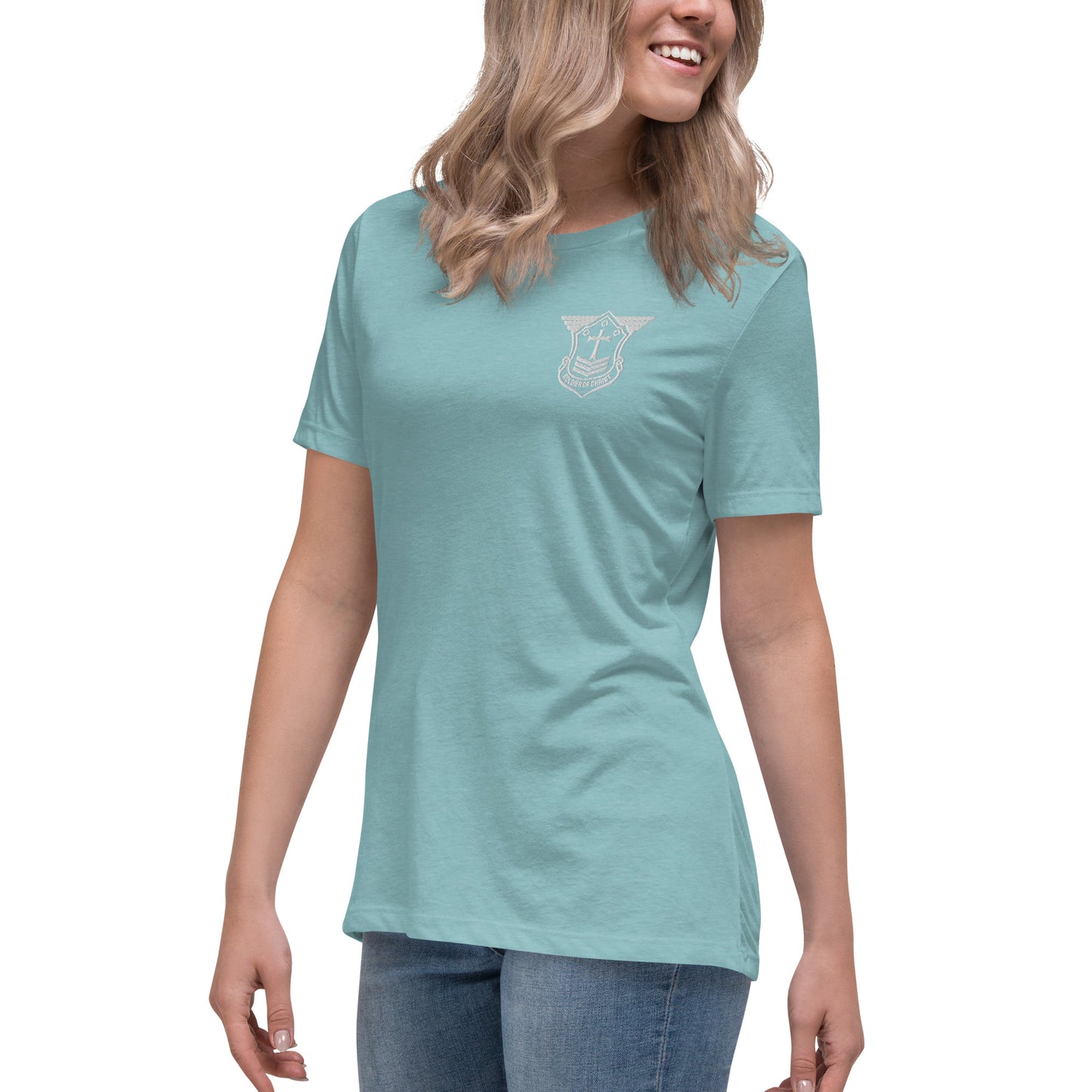 Women's Relaxed T-Shirt with White Embroidered Soldier of Christ Emblem