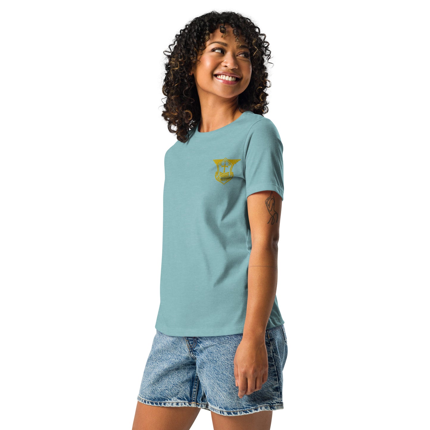 Women's Relaxed T-Shirt with Gold Embroidered Soldier of Christ Emblem