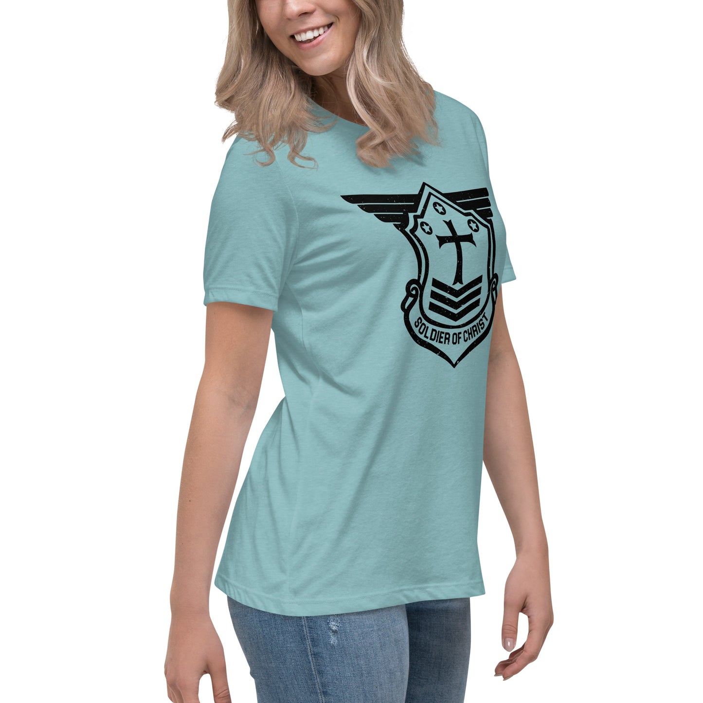 Women's Relaxed T-Shirt with Black Soldier of Christ Emblem Front