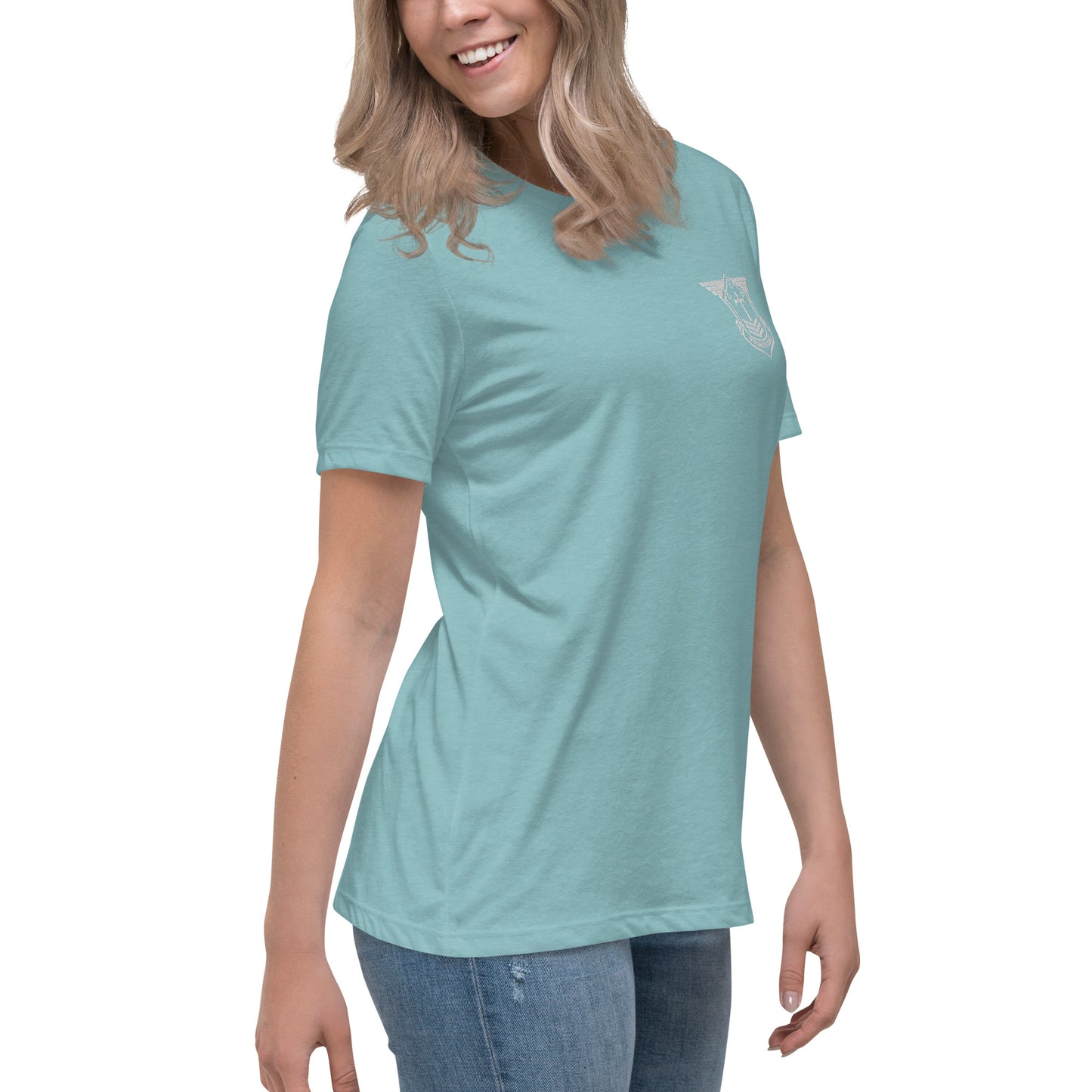 Women's Relaxed T-Shirt with White Embroidered Soldier of Christ Emblem