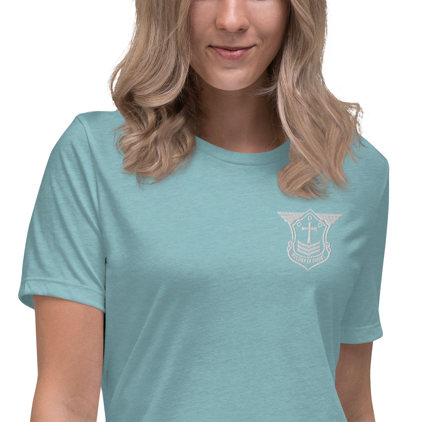 Women's Relaxed T-Shirt with White Embroidered Soldier of Christ Emblem