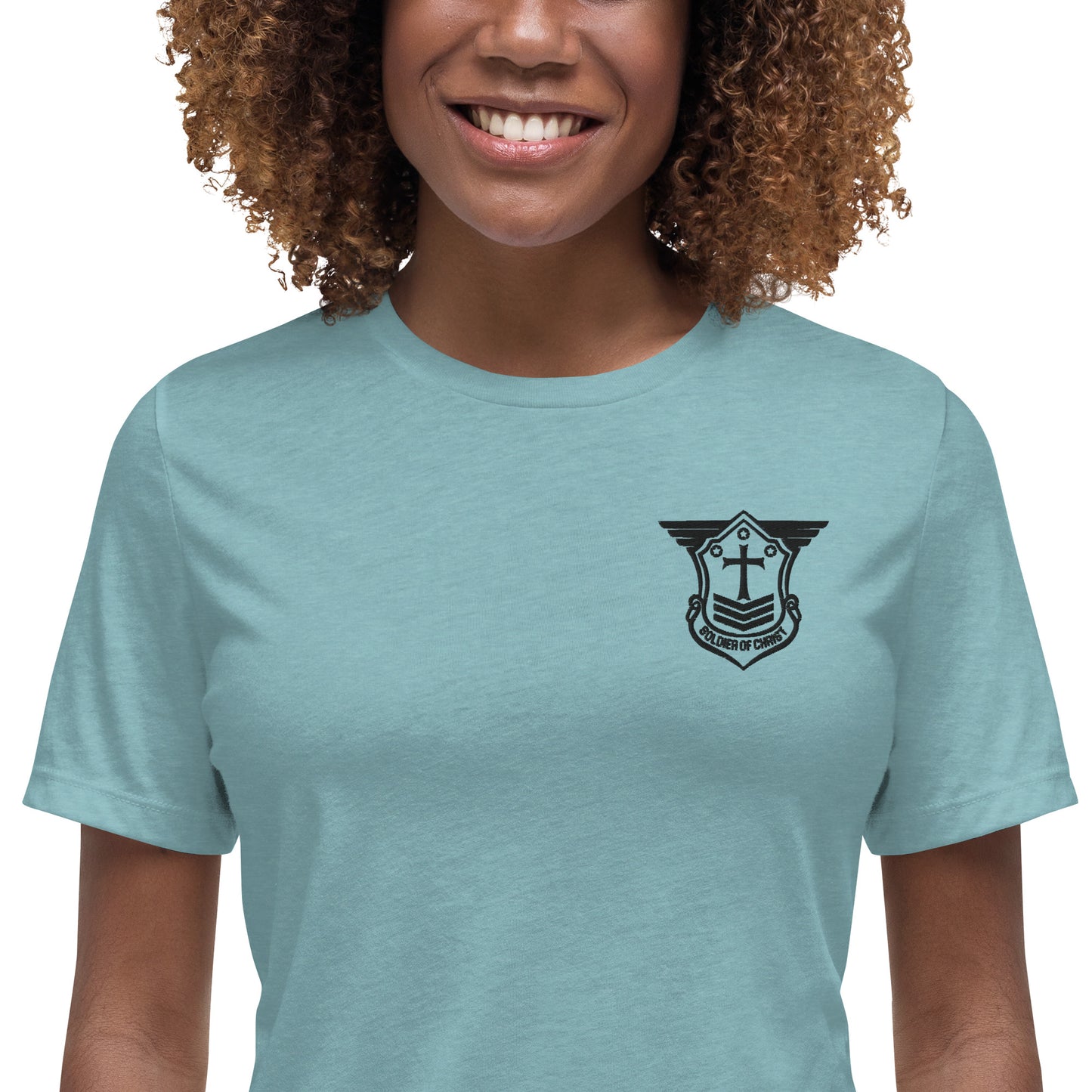 Women's Relaxed T-Shirt with Black Embroidered Soldier of Christ Emblem