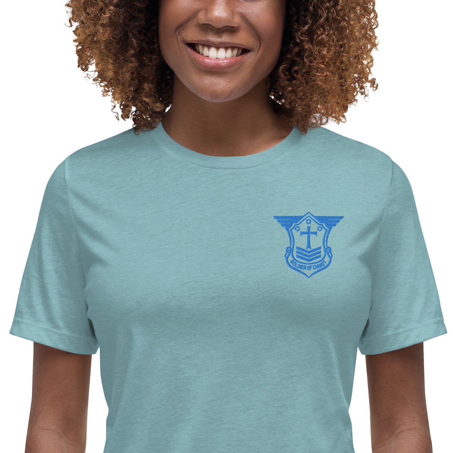 Women's Relaxed T-Shirt with Aqua Teal Embroidered Soldier of Christ Emblem