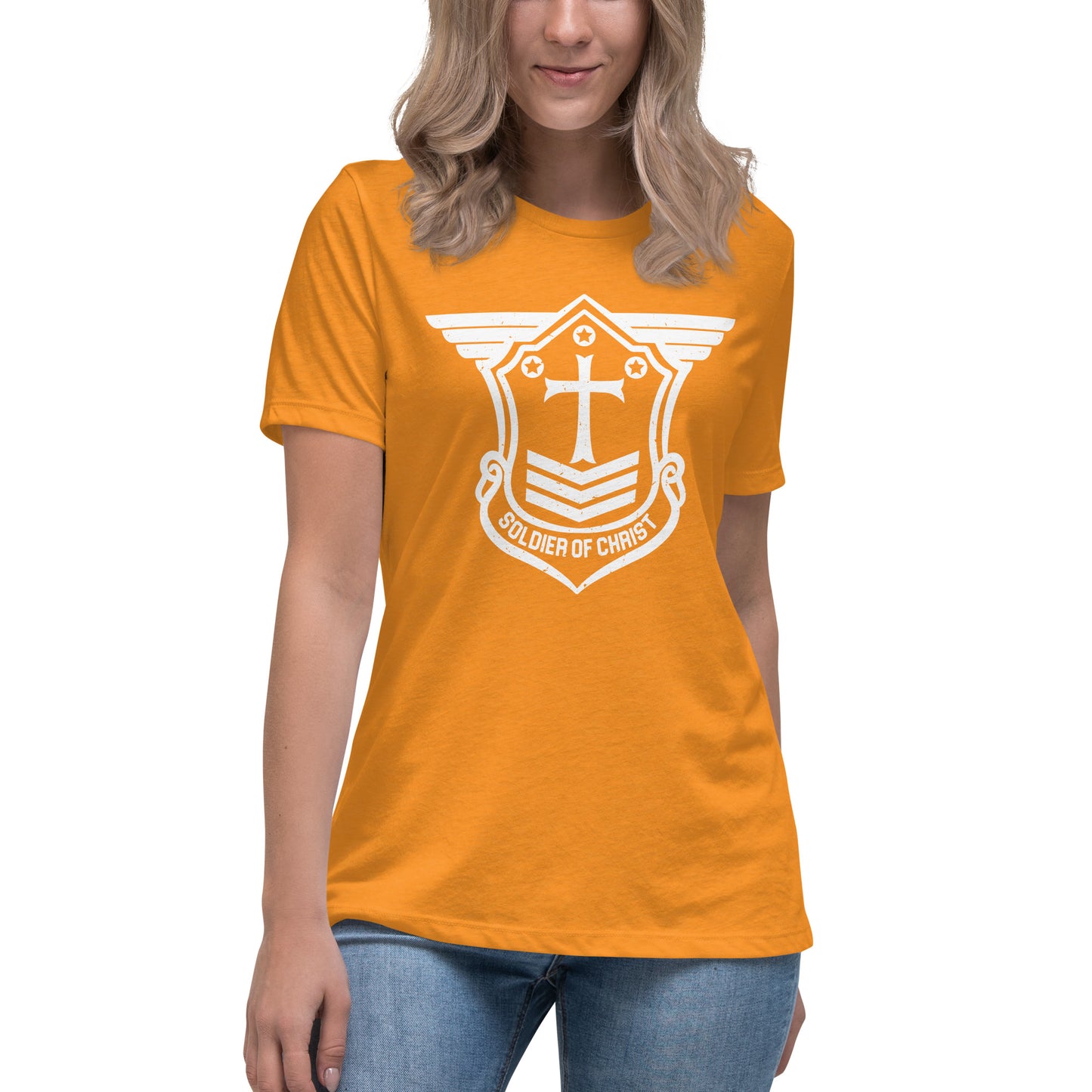 Women's Relaxed T-Shirt with White Soldier of Christ Emblem Front