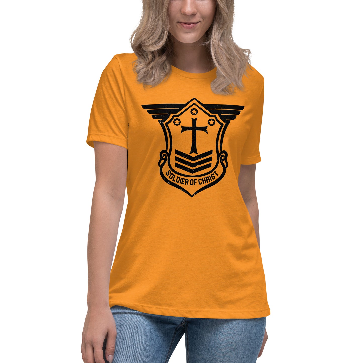 Women's Relaxed T-Shirt with Black Soldier of Christ Emblem Front