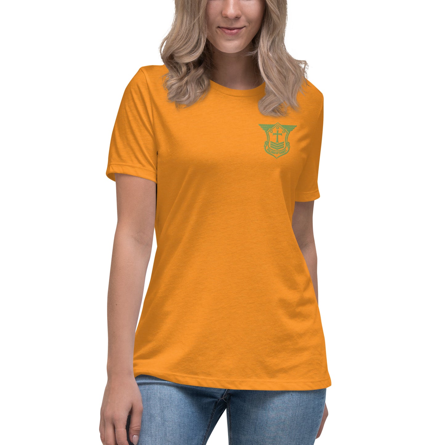 Women's Relaxed T-Shirt with Kiwi Green Embroidered Soldier of Christ Emblem