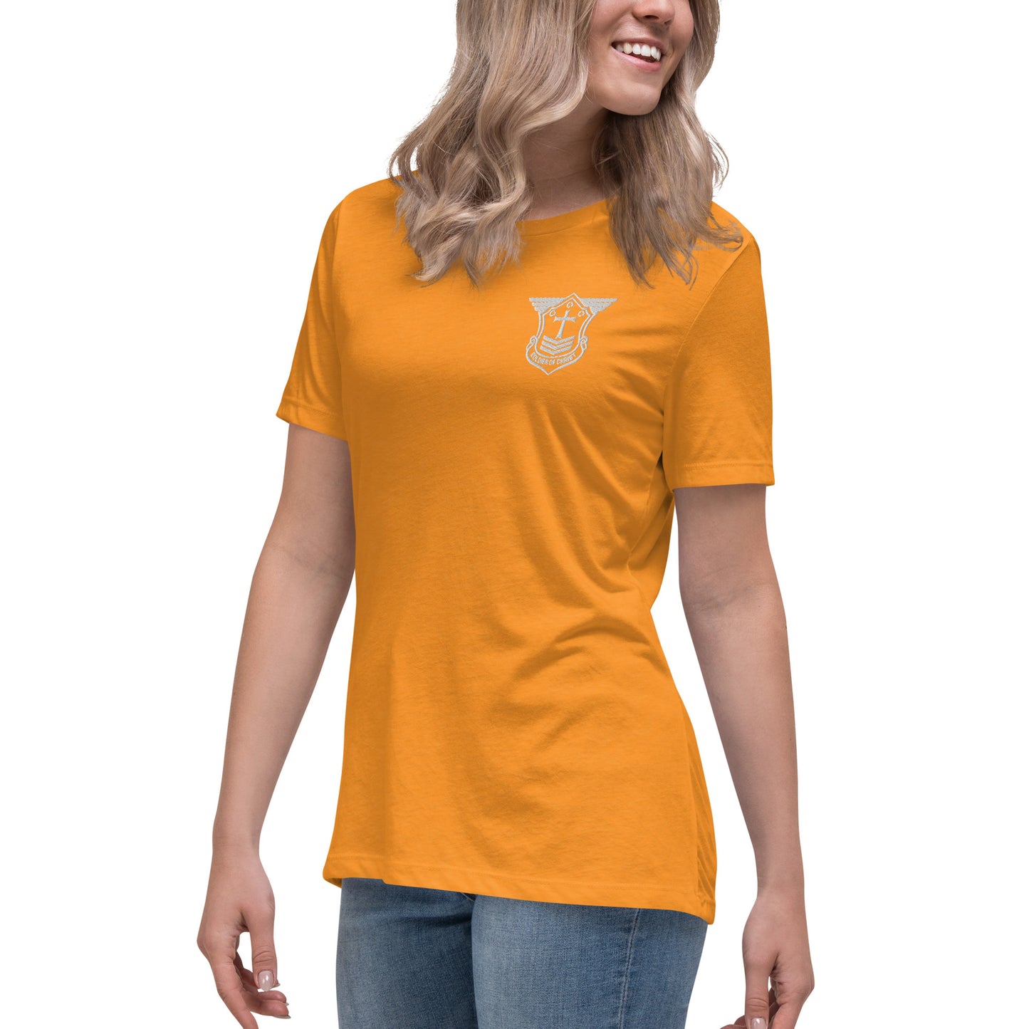 Women's Relaxed T-Shirt with White Embroidered Soldier of Christ Emblem