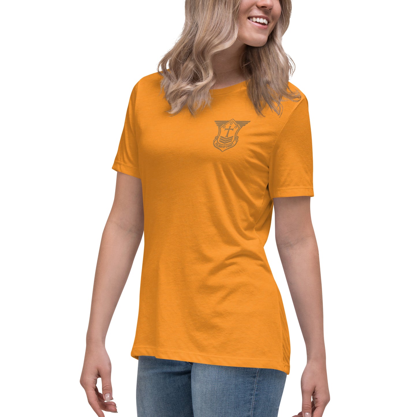 Women's Relaxed T-Shirt with Old Gold Embroidered Soldier of Christ Emblem