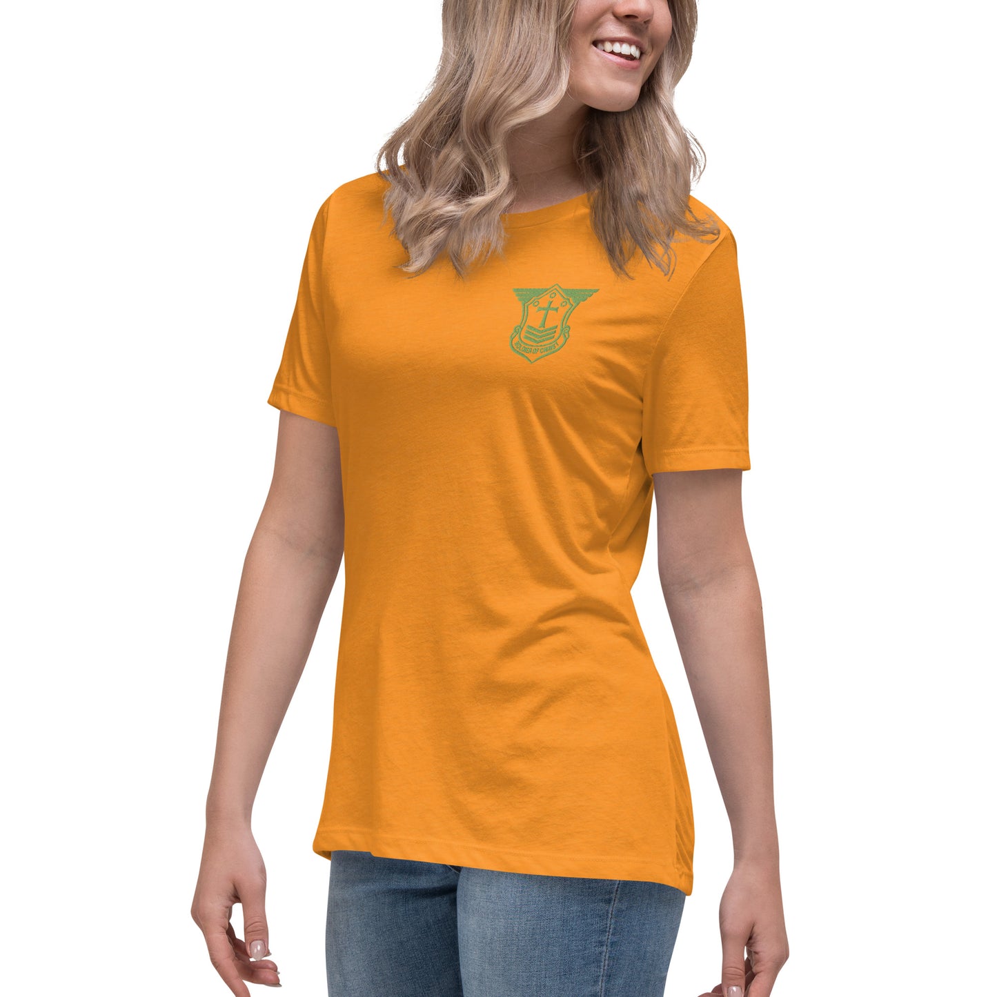 Women's Relaxed T-Shirt with Kiwi Green Embroidered Soldier of Christ Emblem