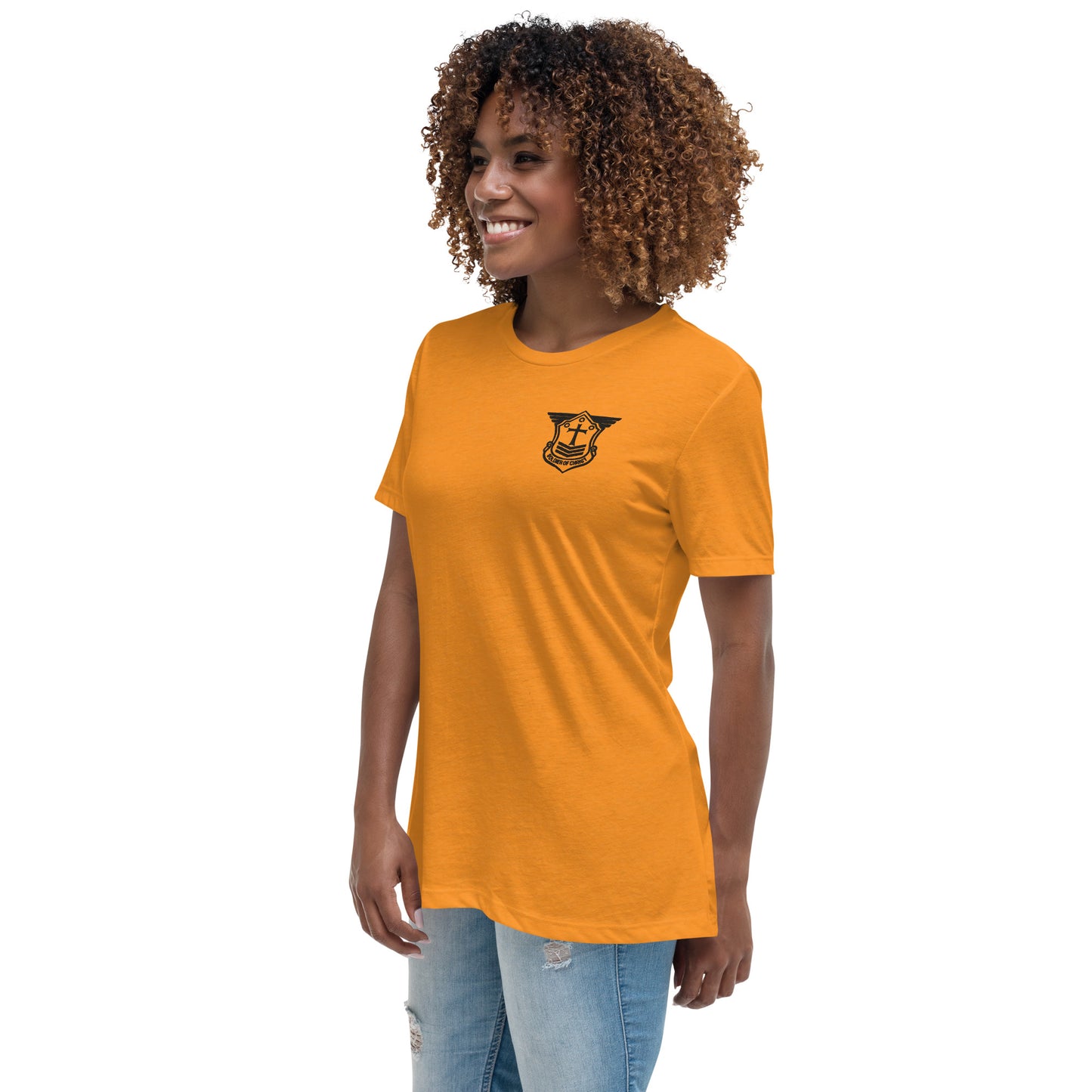 Women's Relaxed T-Shirt with Black Embroidered Soldier of Christ Emblem