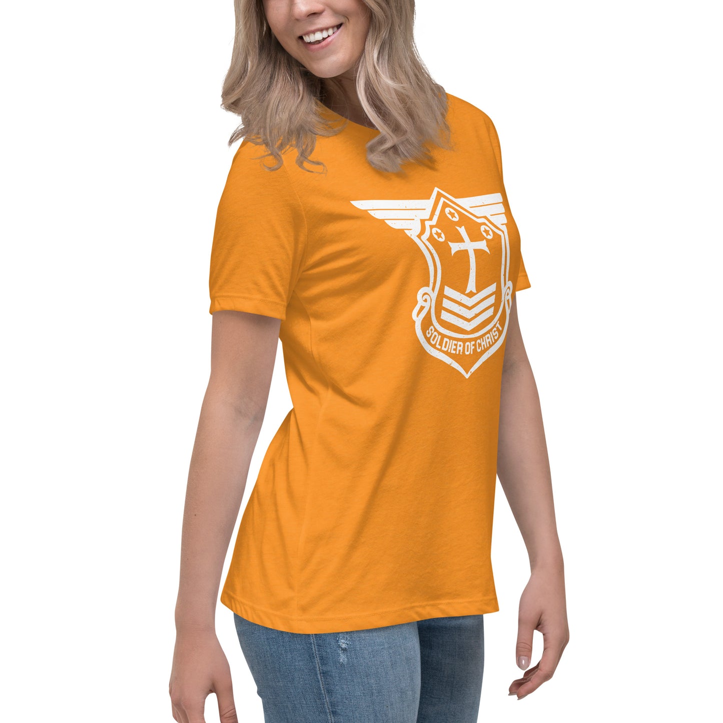 Women's Relaxed T-Shirt with White Soldier of Christ Emblem Front