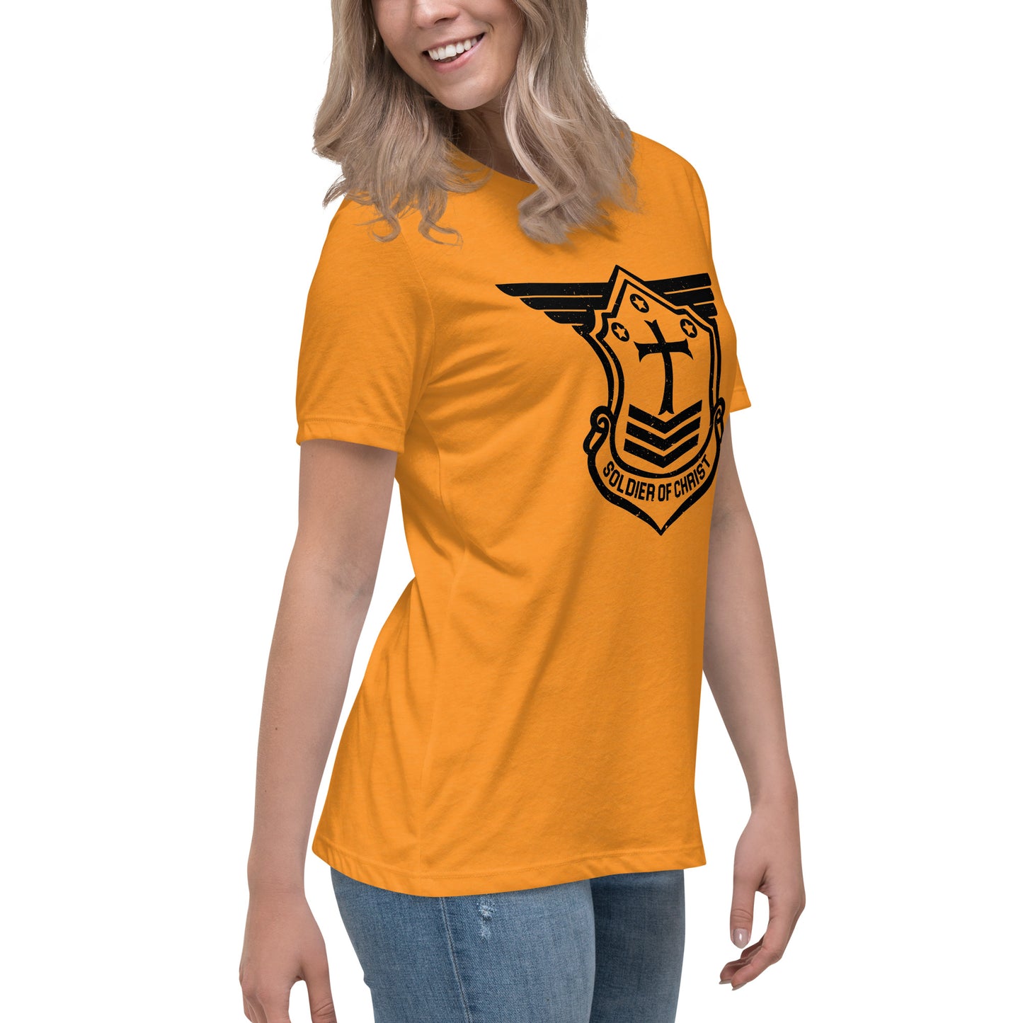 Women's Relaxed T-Shirt with Black Soldier of Christ Emblem Front