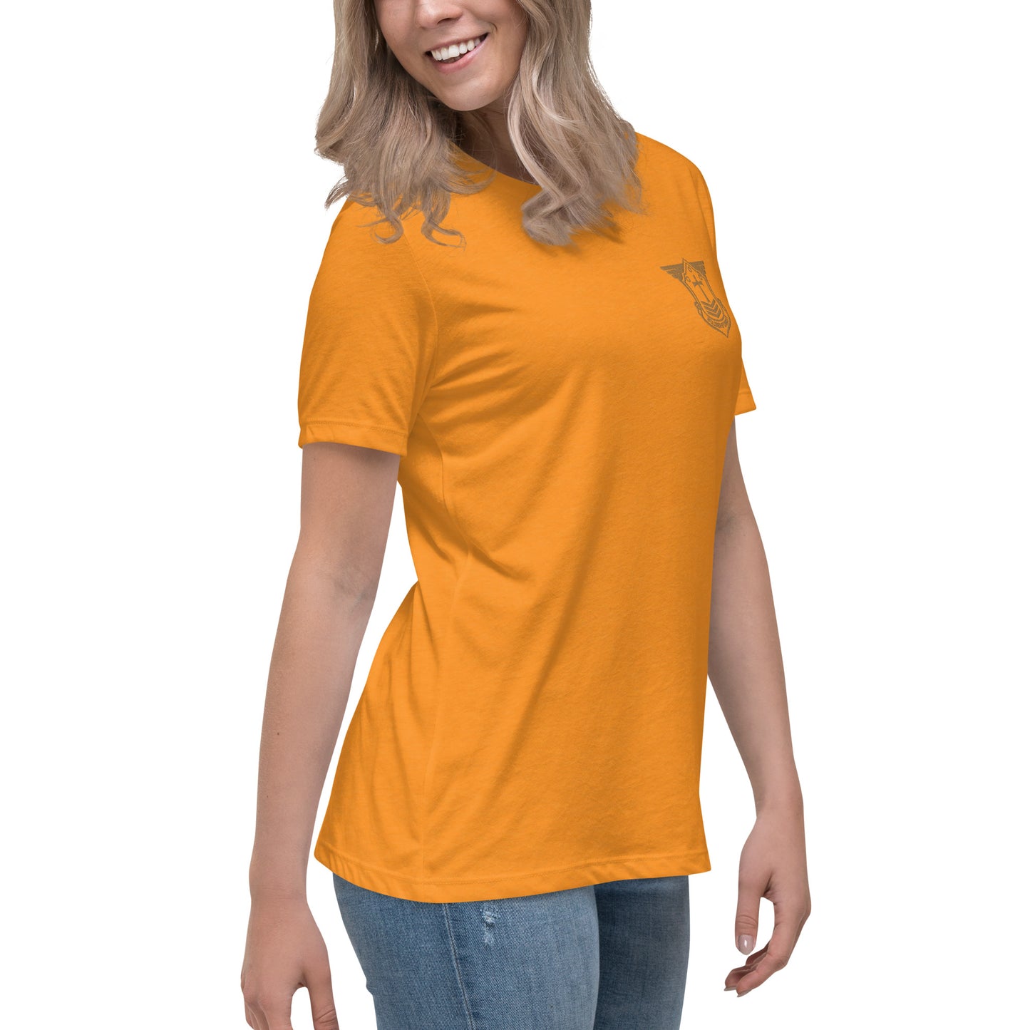 Women's Relaxed T-Shirt with Old Gold Embroidered Soldier of Christ Emblem