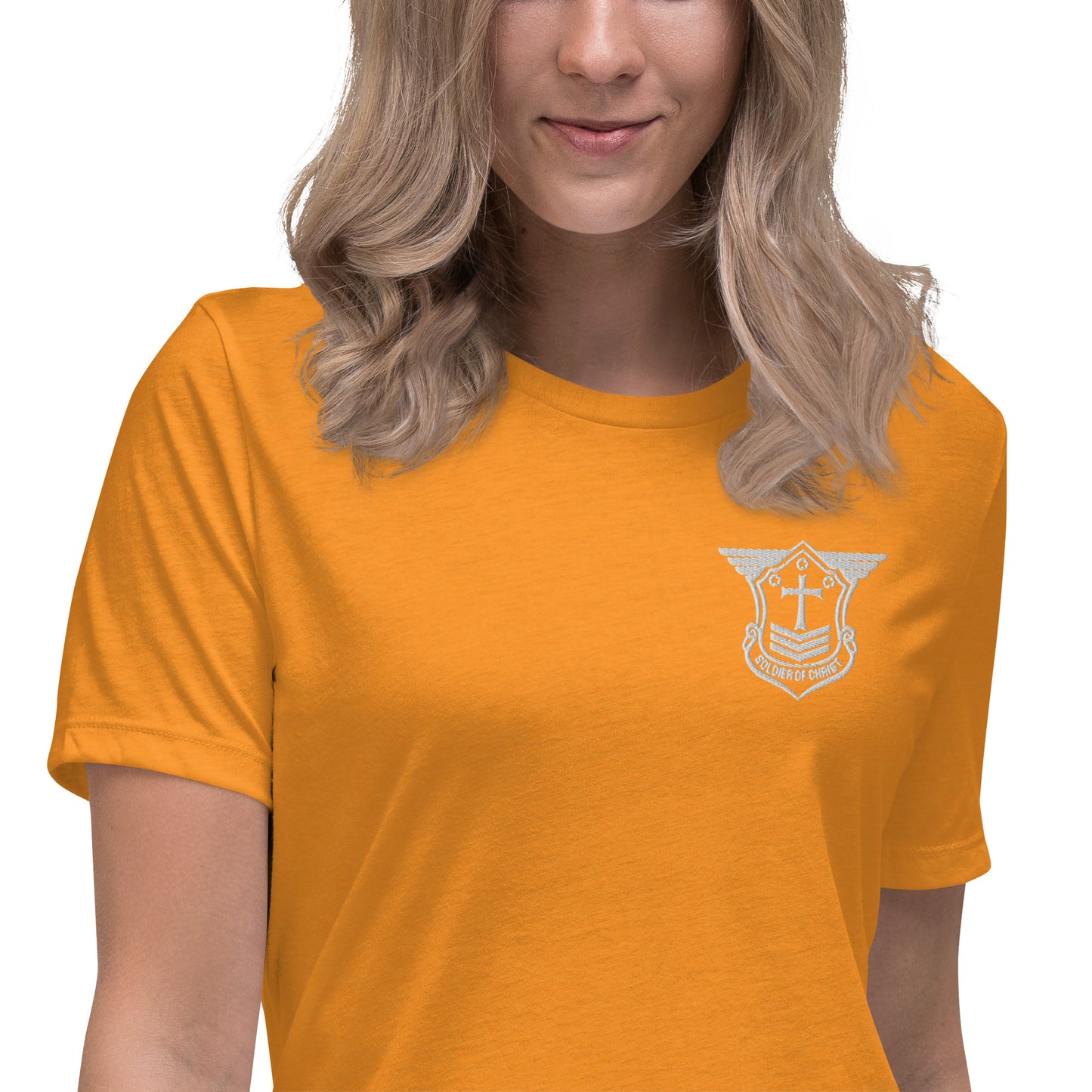 Women's Relaxed T-Shirt with White Embroidered Soldier of Christ Emblem