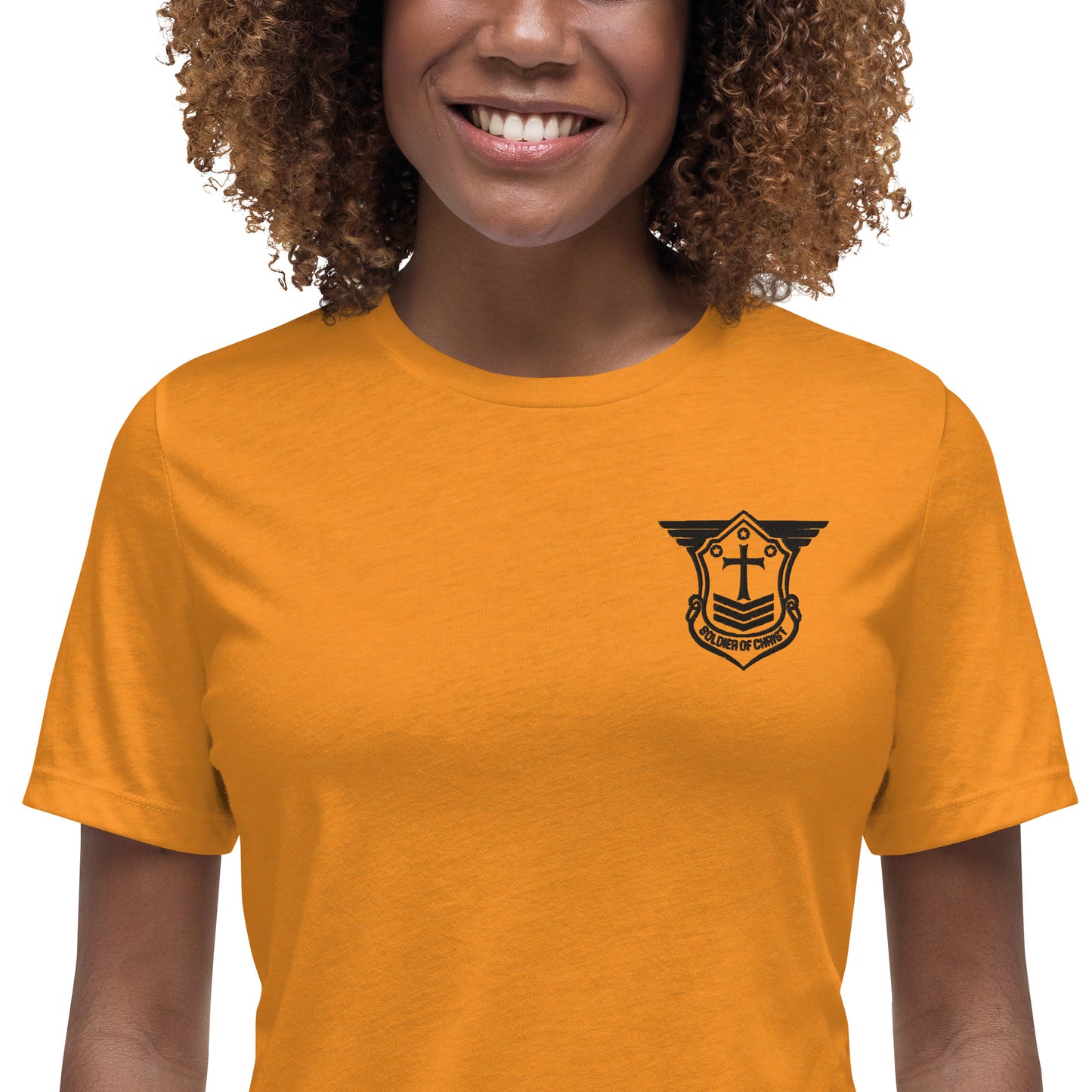 Women's Relaxed T-Shirt with Black Embroidered Soldier of Christ Emblem