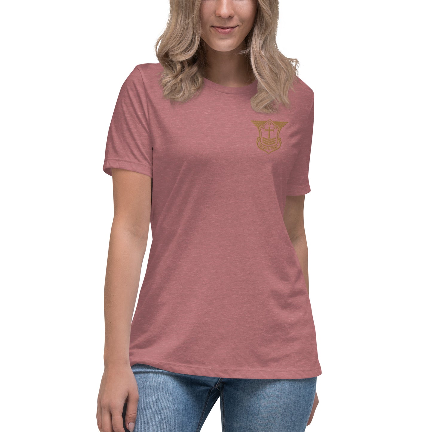 Women's Relaxed T-Shirt with Old Gold Embroidered Soldier of Christ Emblem