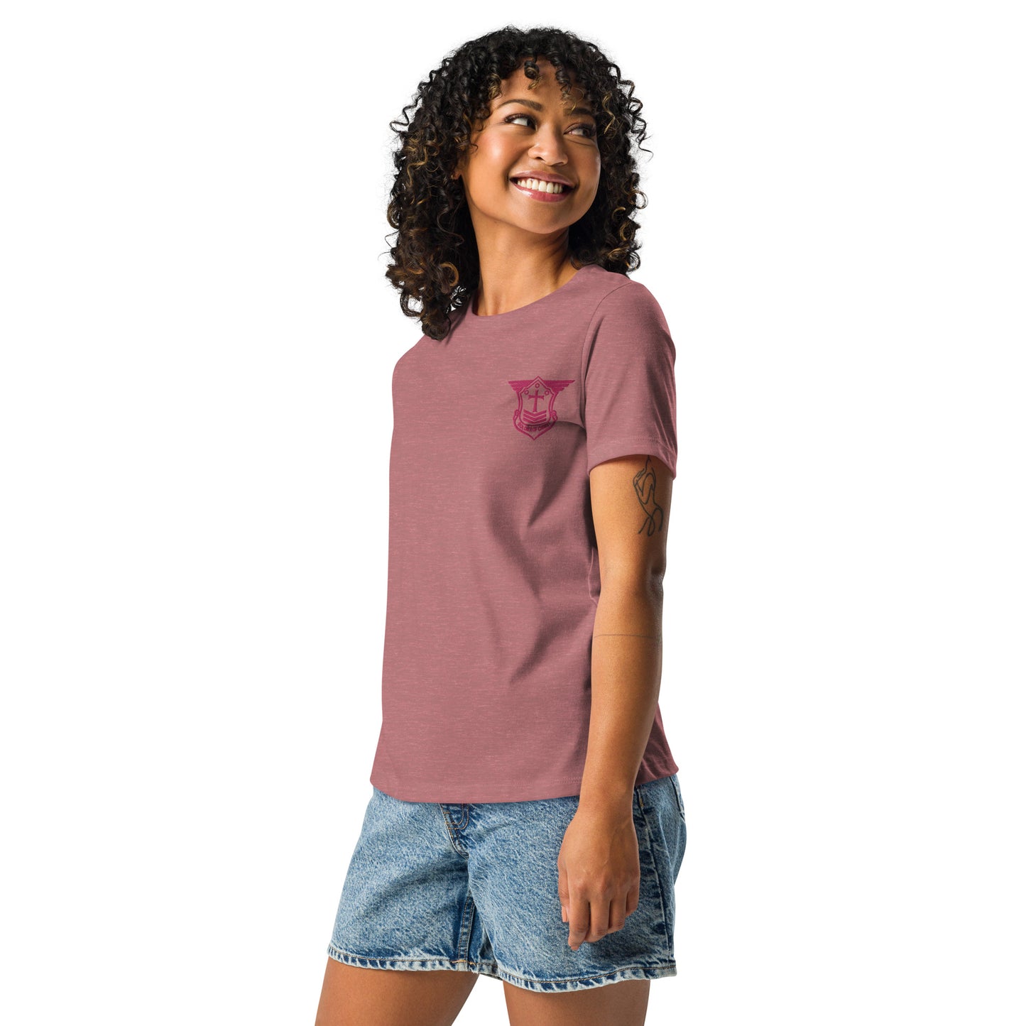 Women's Relaxed T-Shirt with Flamingo Embroidered Soldier of Christ Emblem