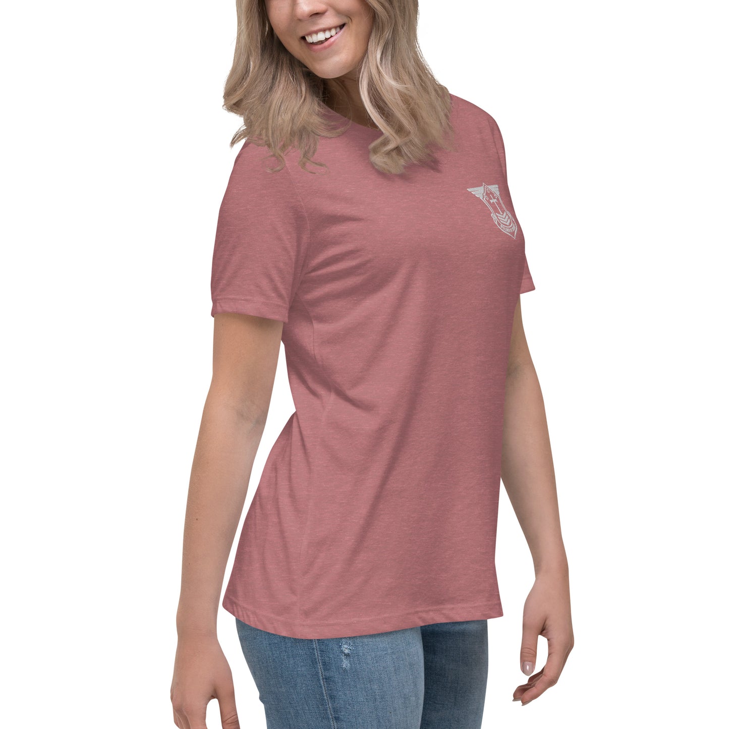 Women's Relaxed T-Shirt with White Embroidered Soldier of Christ Emblem